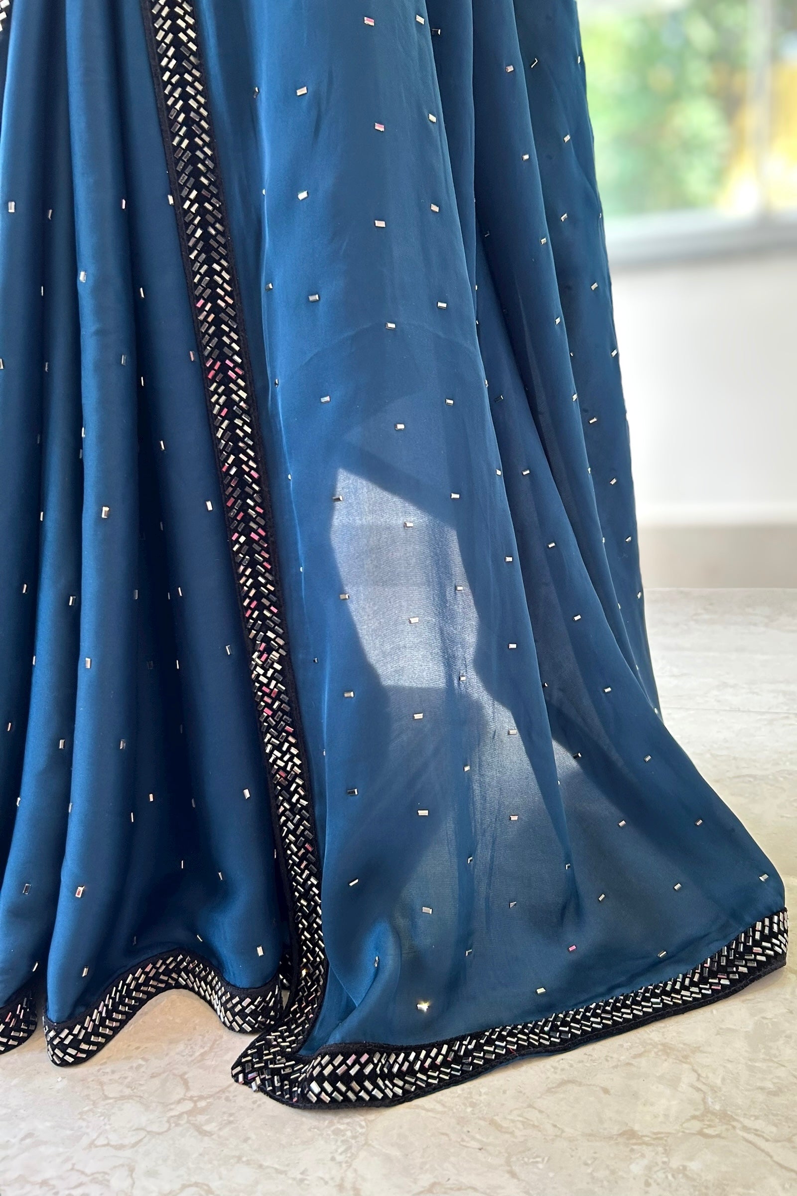 Satin sequins saree - Teal blue