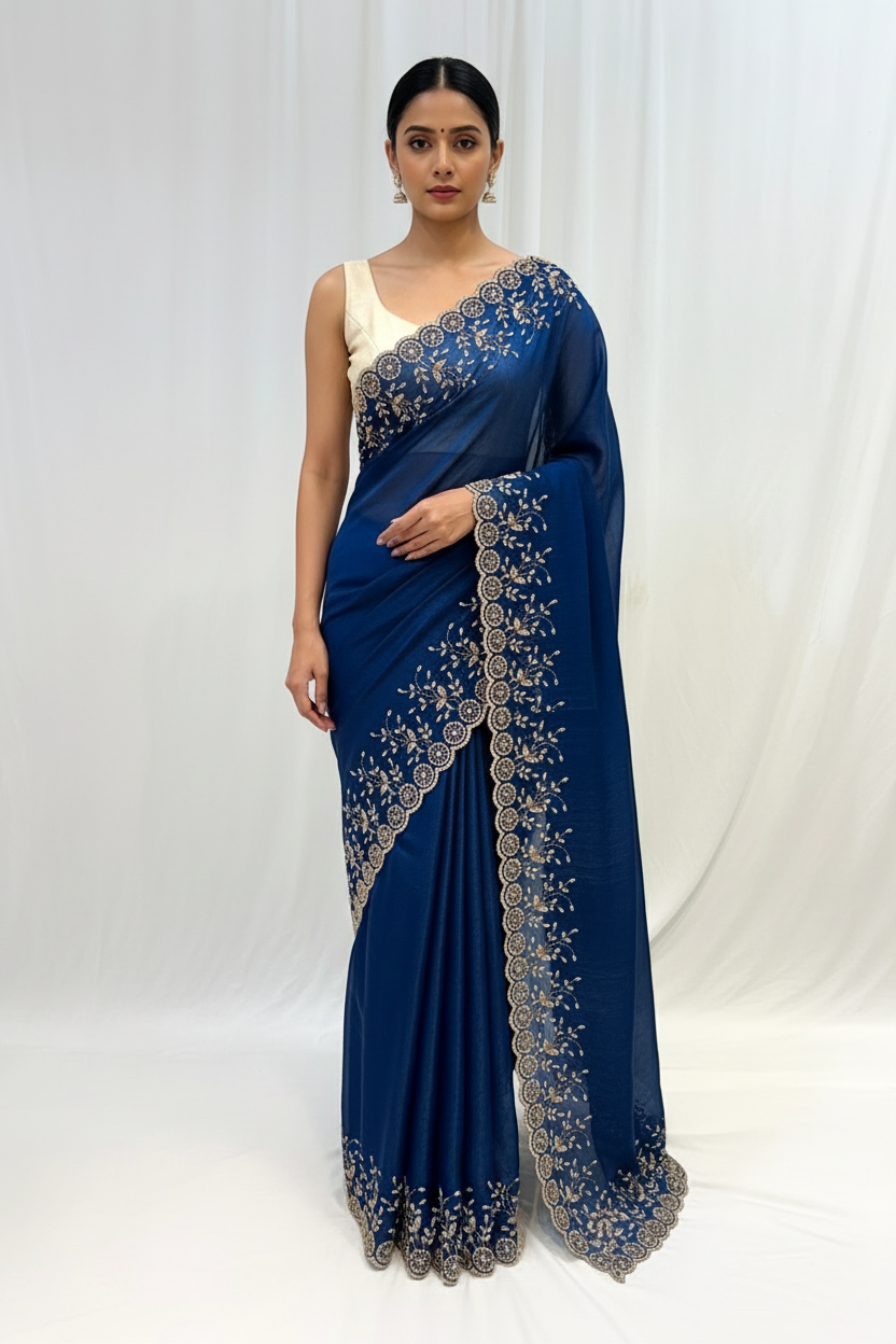 Designer Fendy floral embellished saree - Teal Blue