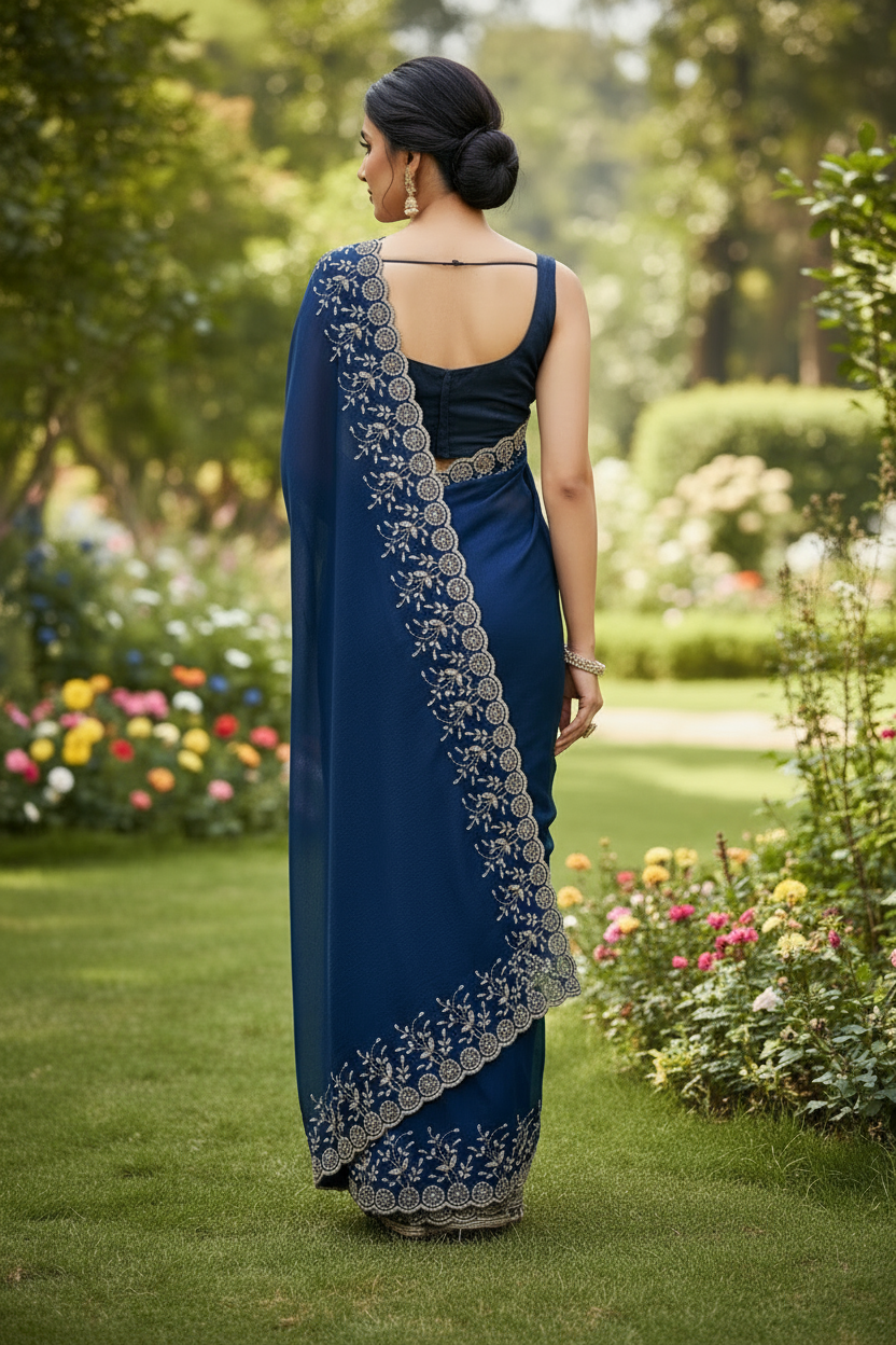 Designer Fendy floral embellished saree - Teal Blue
