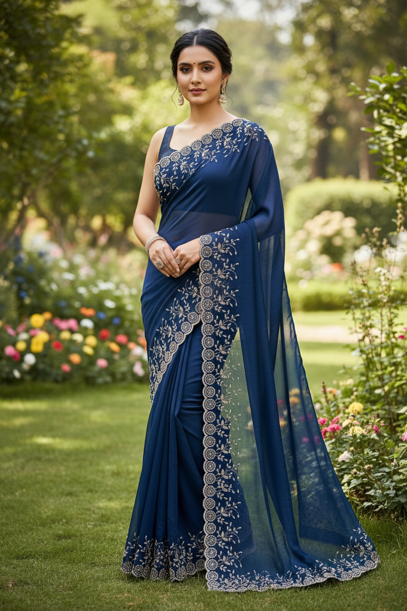 Designer Fendy floral embellished saree - Teal Blue