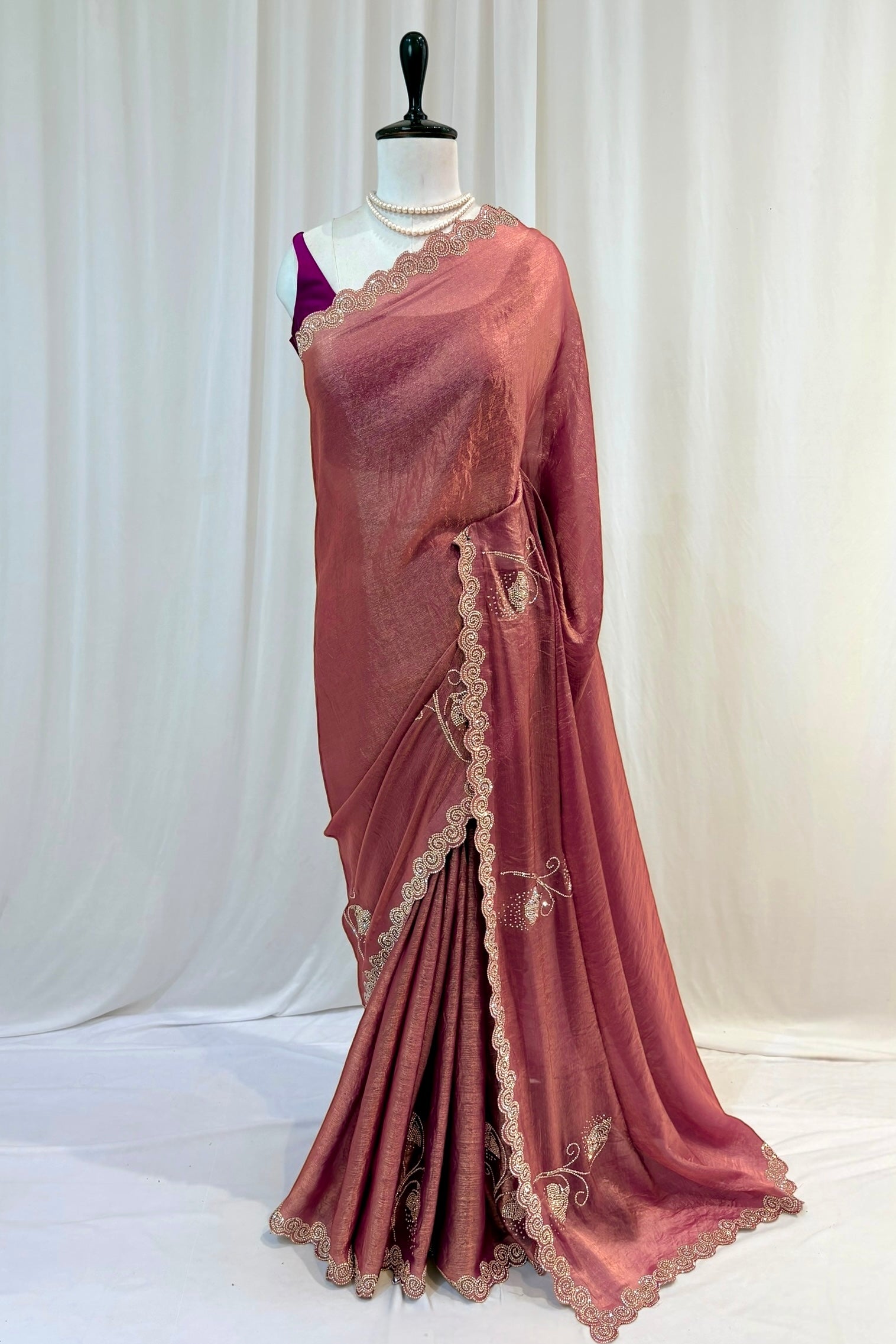 Peach embellished fendy chiffon saree