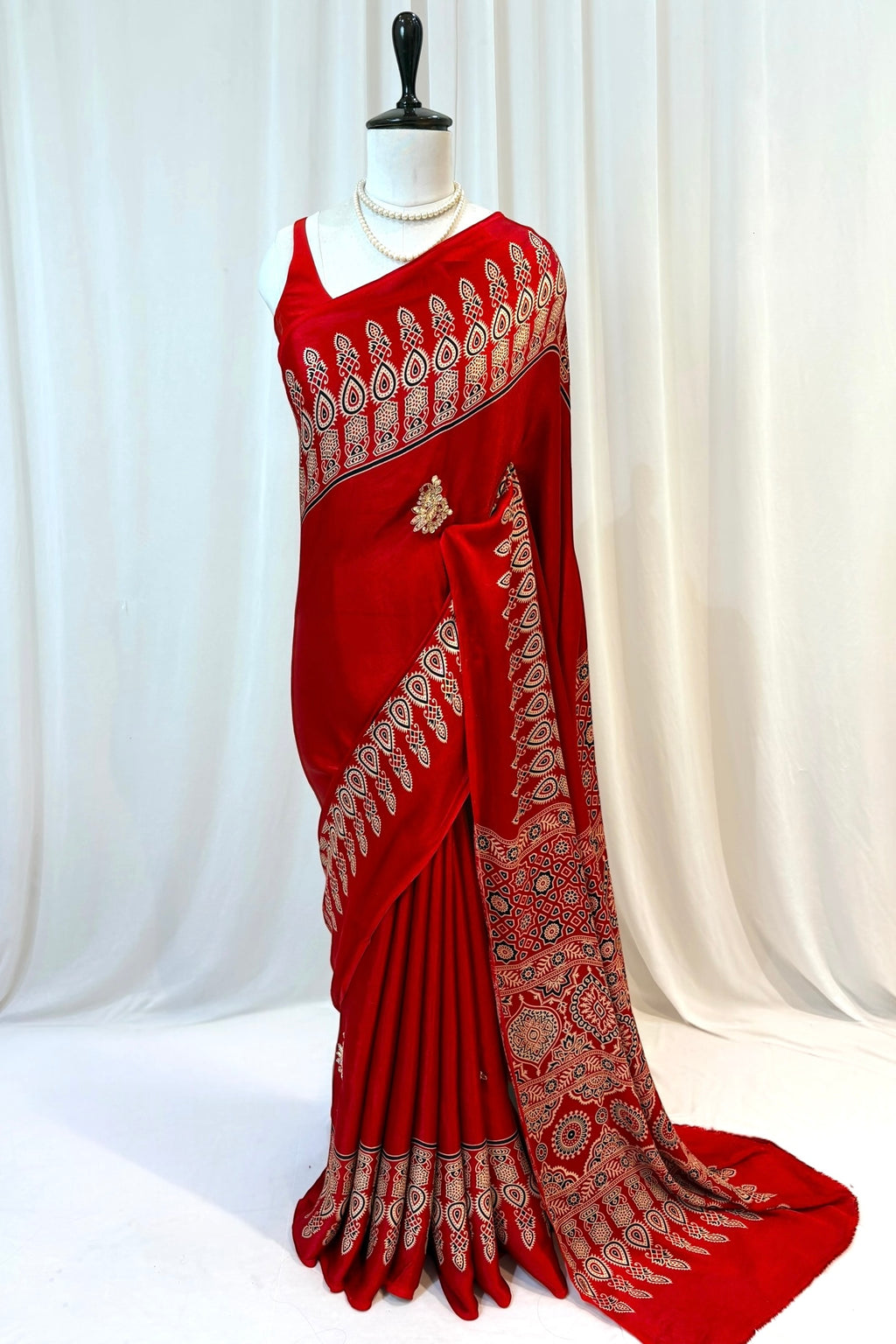 Modal silk embellished ajrakh saree - Red