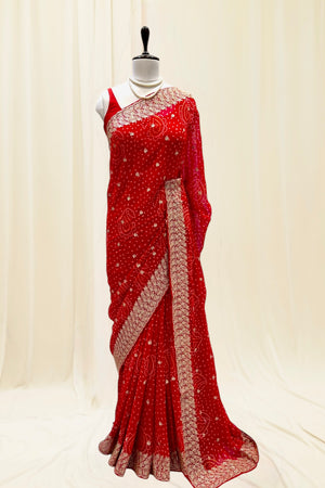 Georgette bandhani saree - Red buti