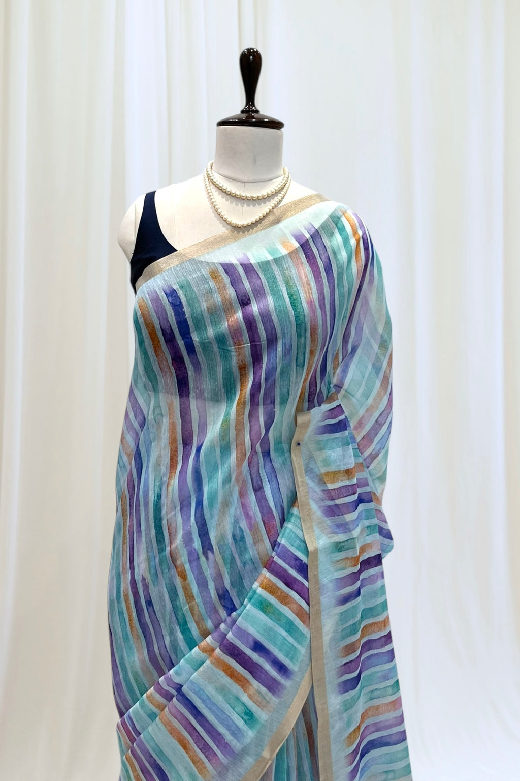 Stripes cotton linen saree - Blue