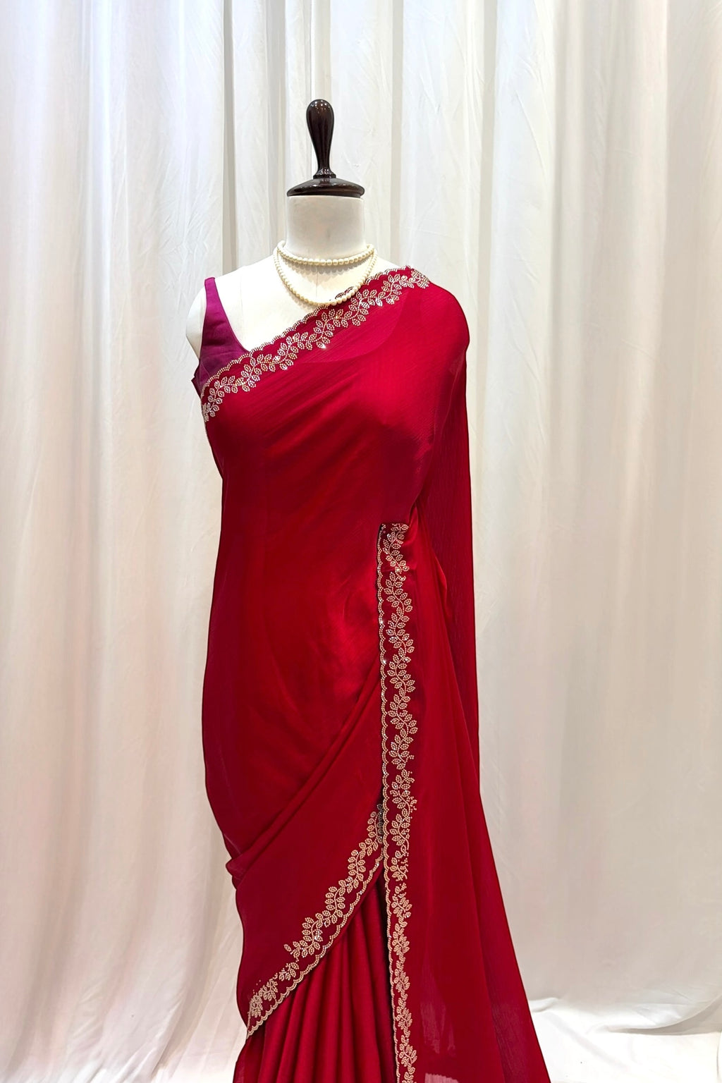 Minimalist swarovski chiffon saree - Ruby red