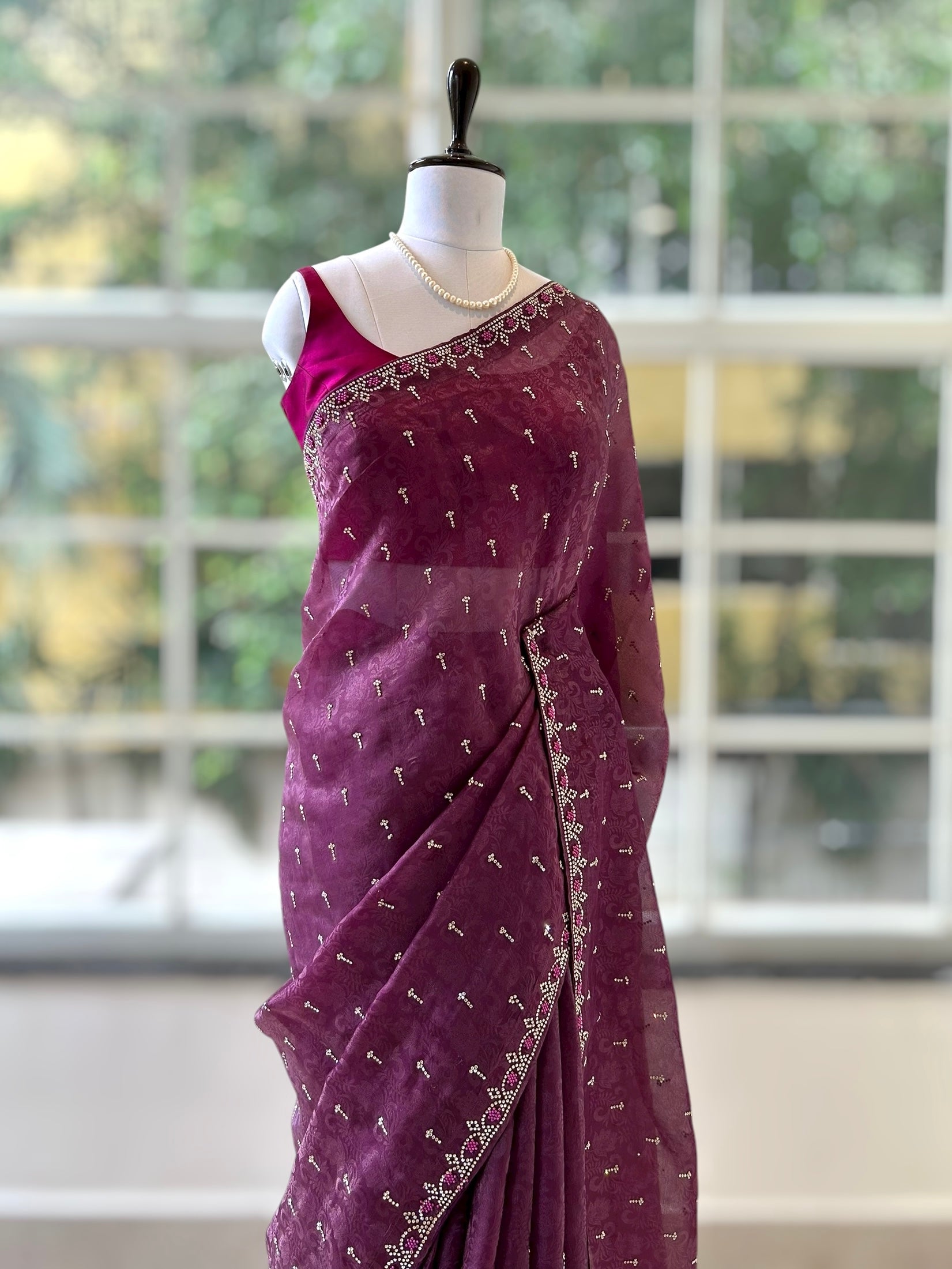 Self design organza silk saree - Violet