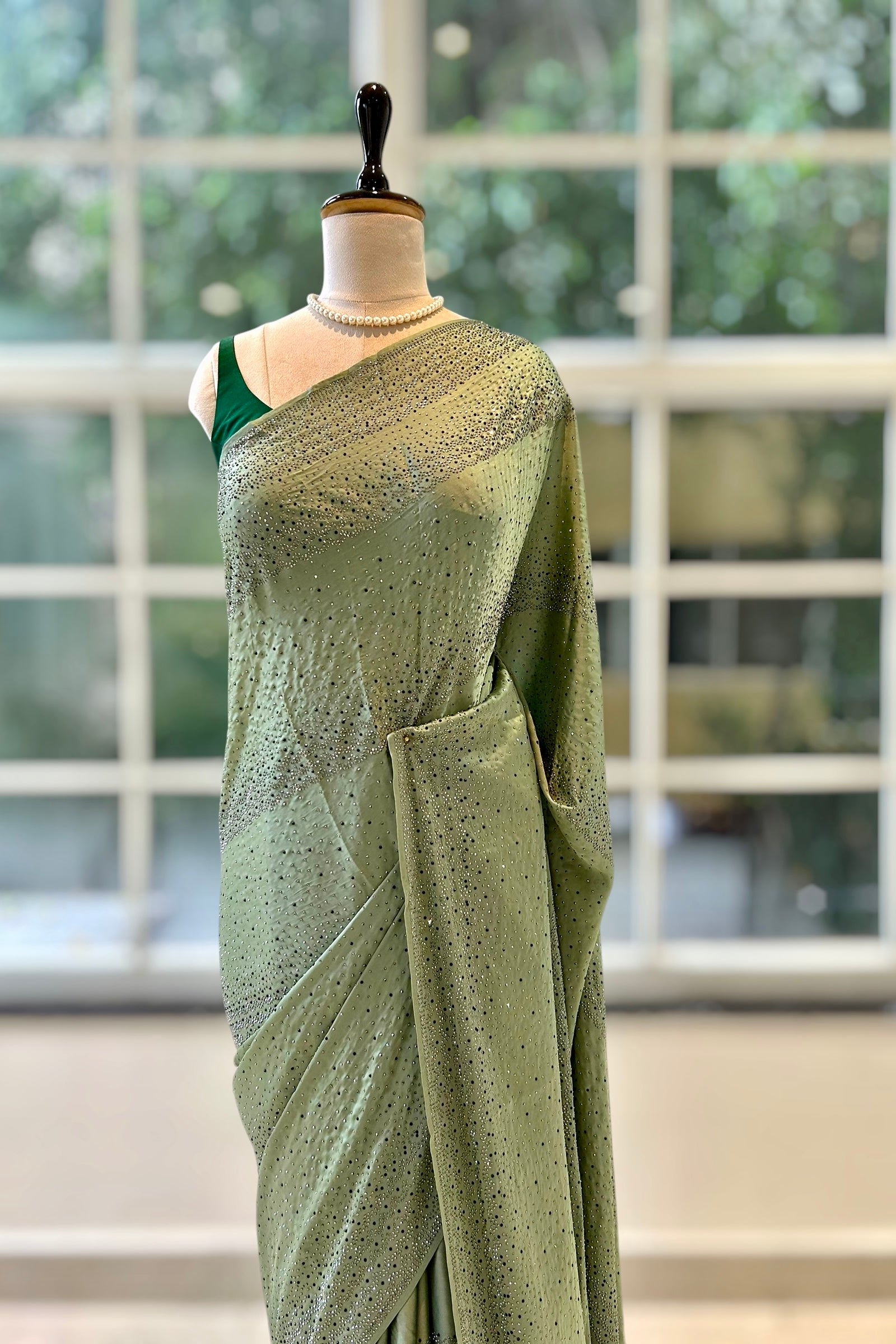 Soft satin sequins saree - Green