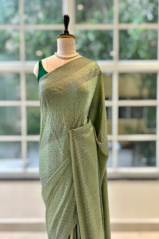 Soft satin sequins saree - Green