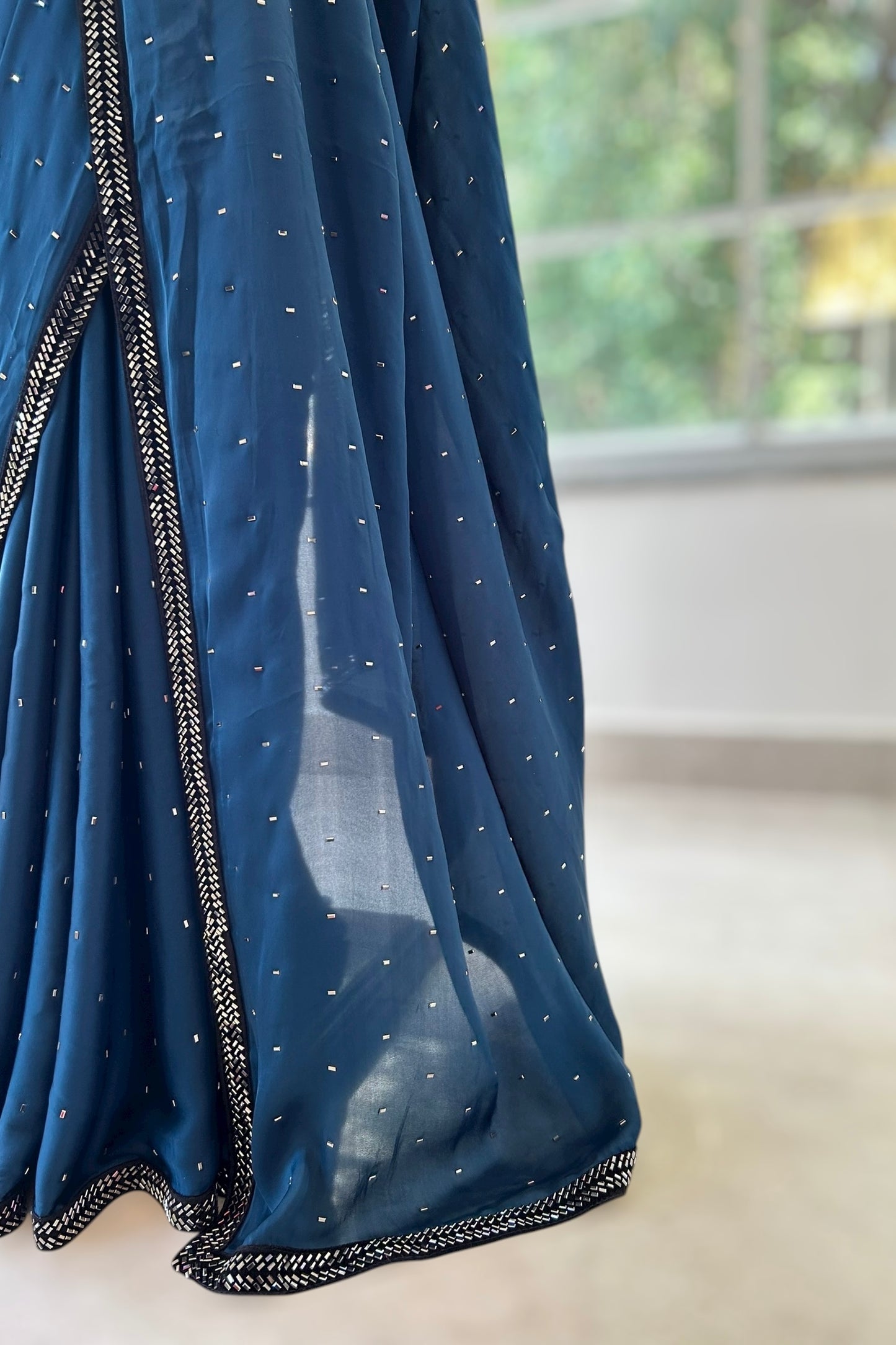 Satin sequins saree - Teal blue