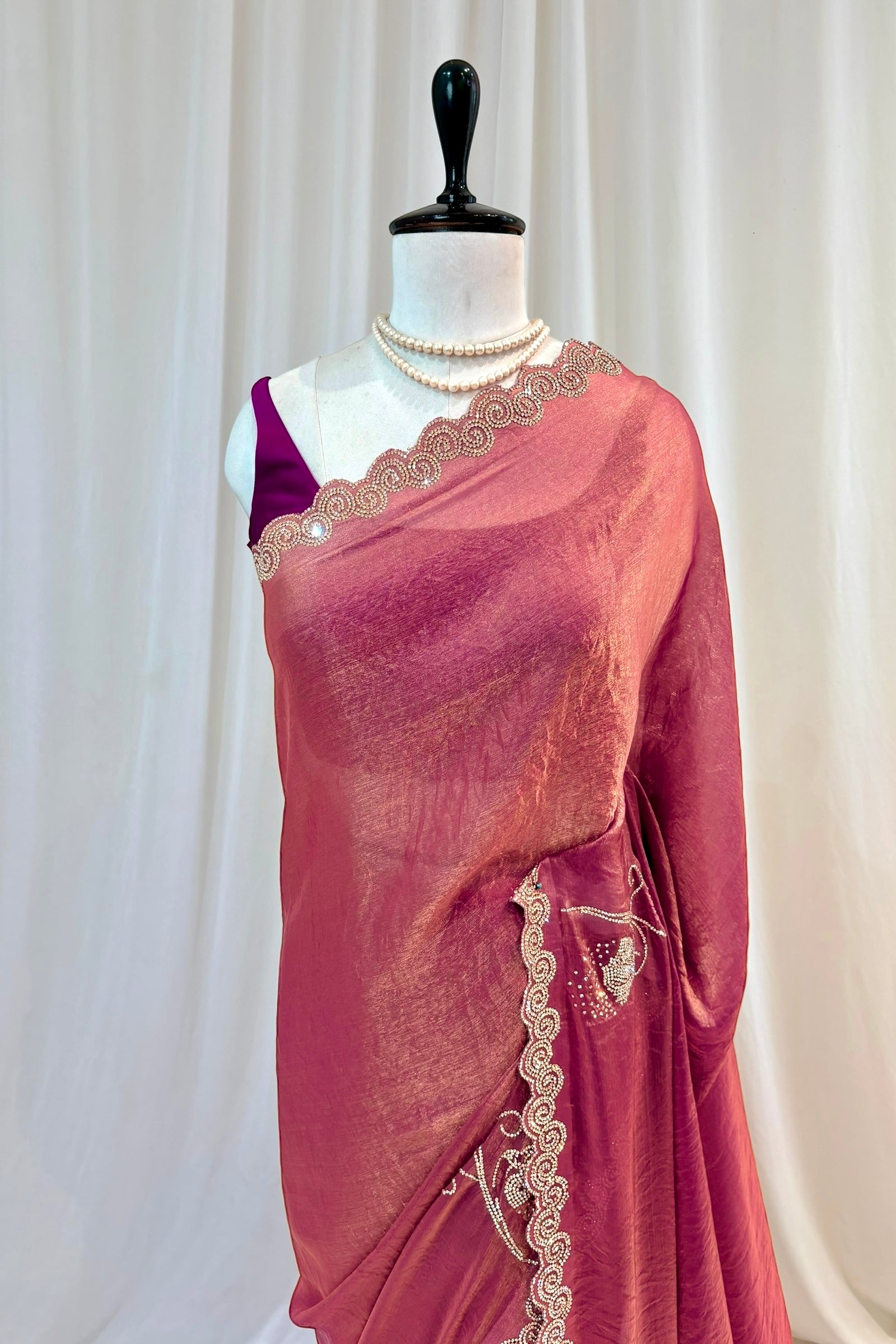 Peach embellished fendy chiffon saree