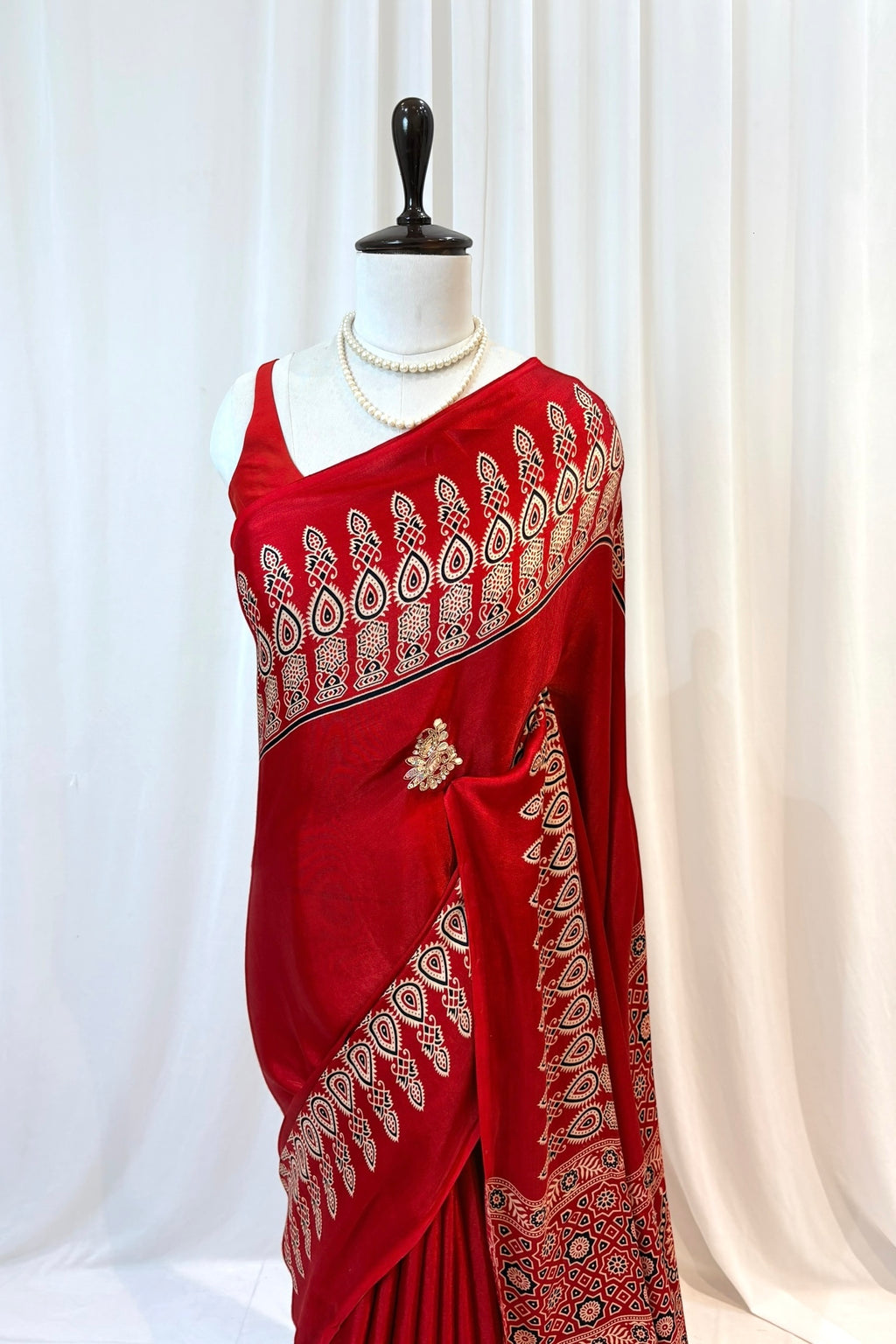 Modal silk embellished ajrakh saree - Red