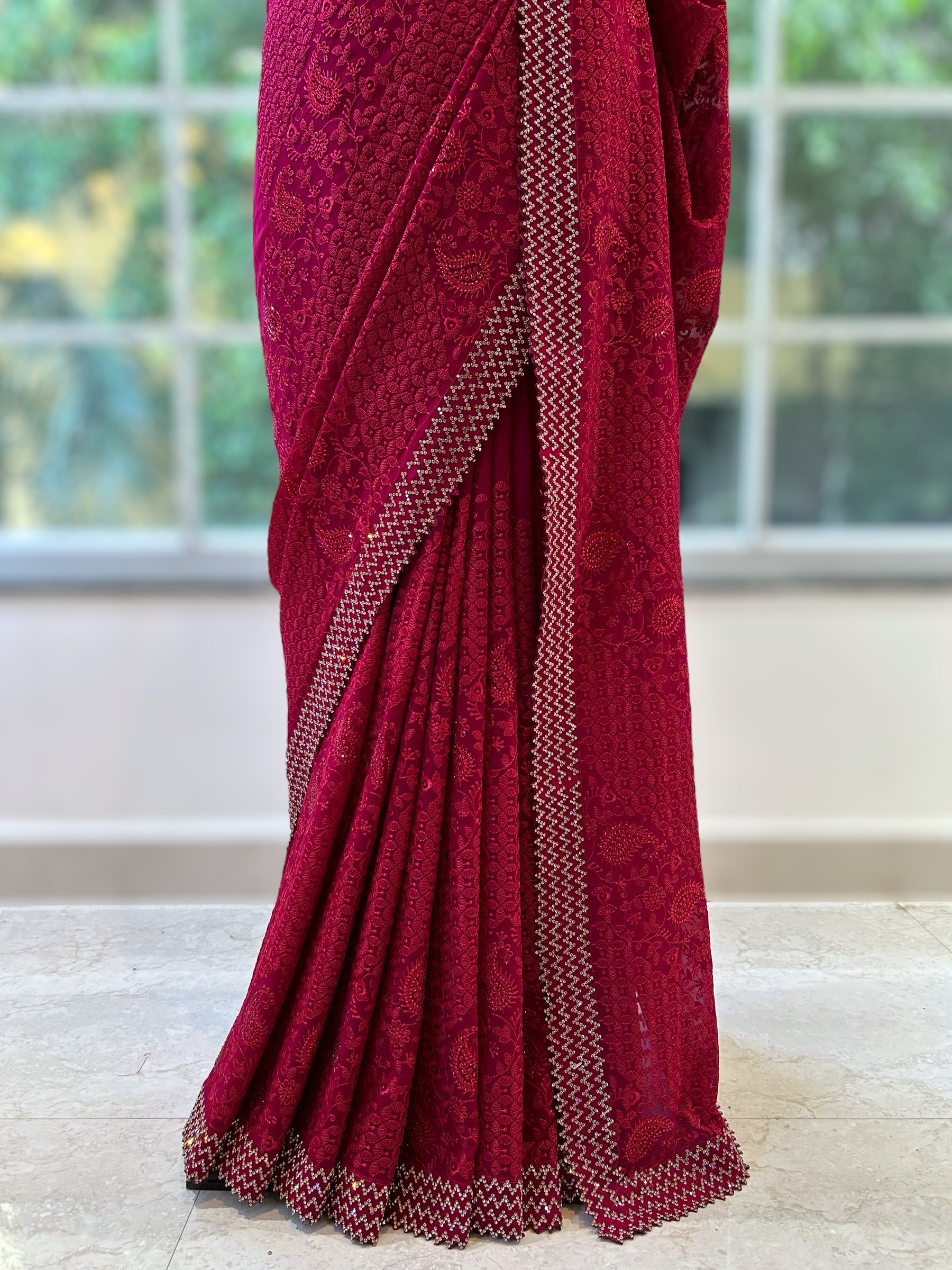 Embellished threadwork saree - Crimson