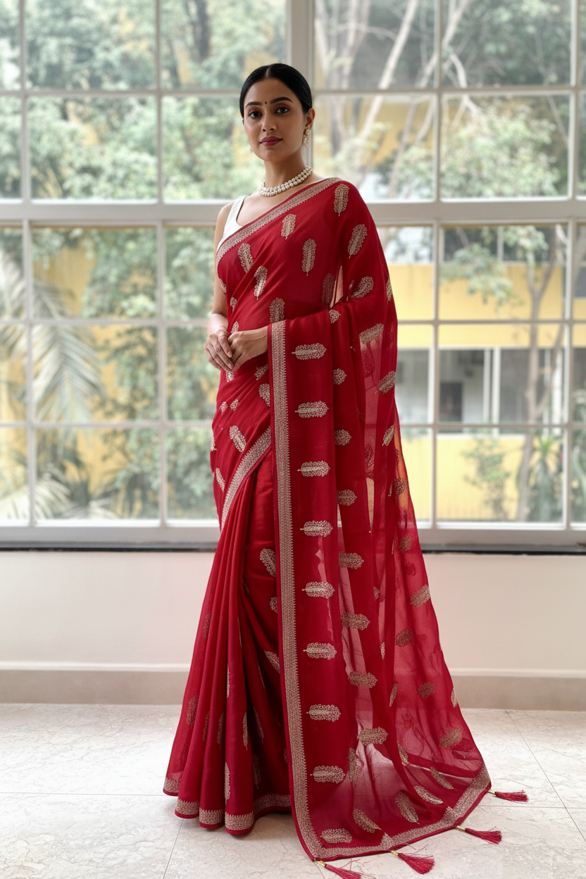 Red embroidered chiffon saree