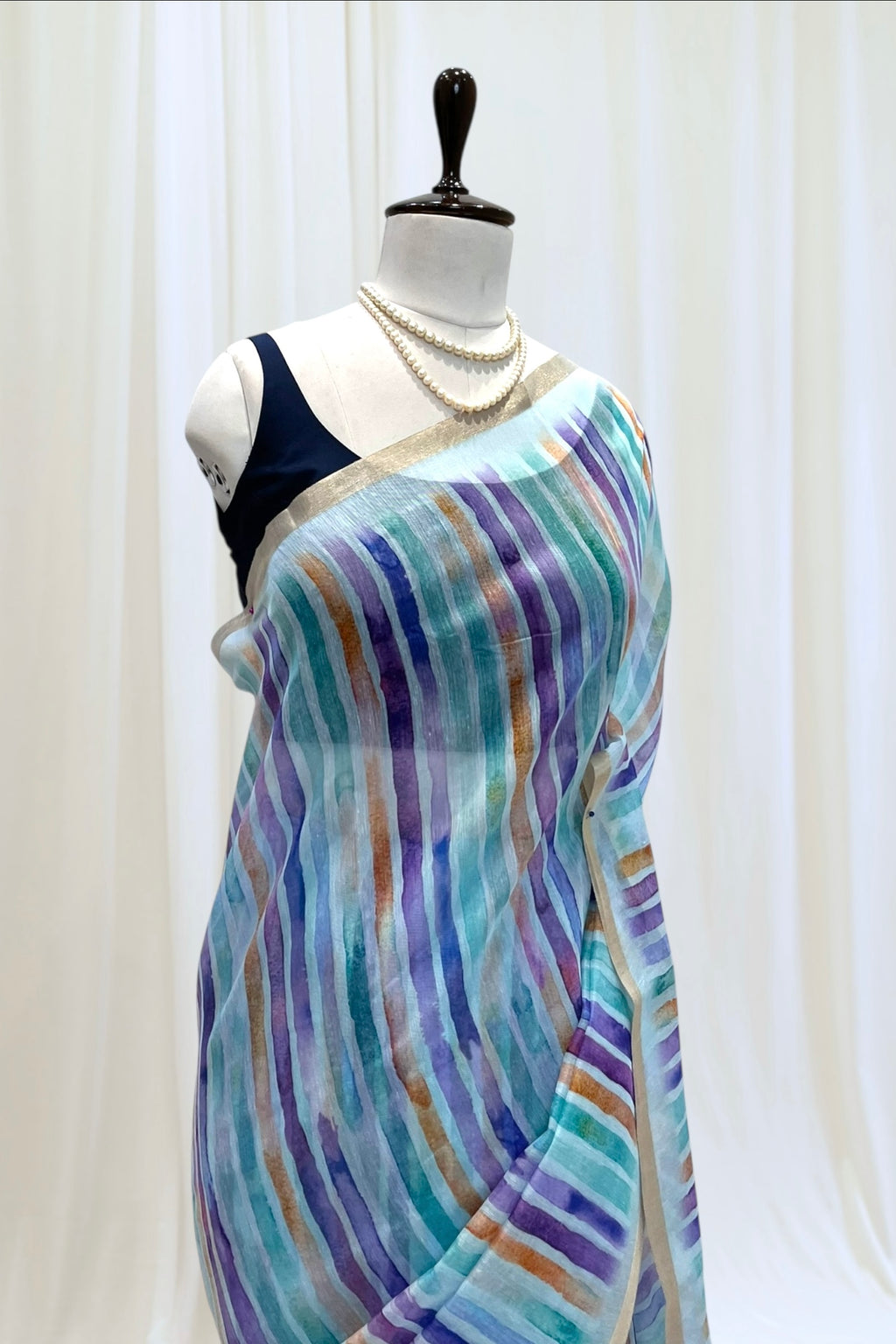 Stripes cotton linen saree - Blue