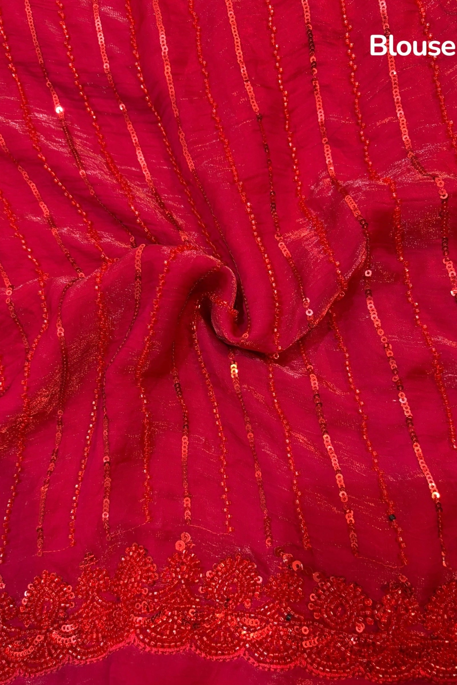 Crimson sequins bead work saree