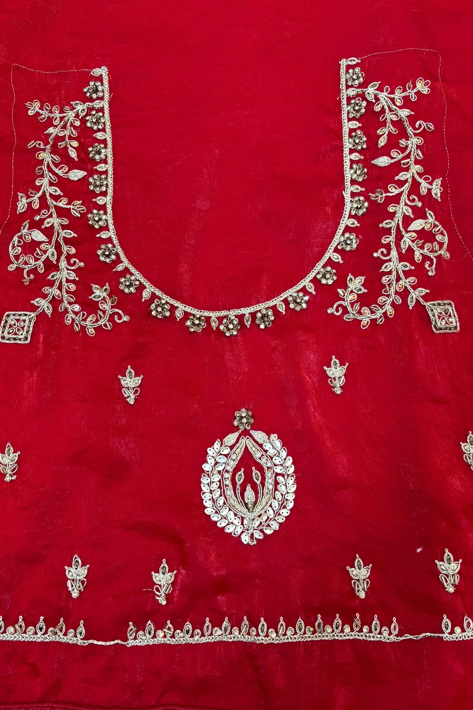 Red fendy satin embellished saree