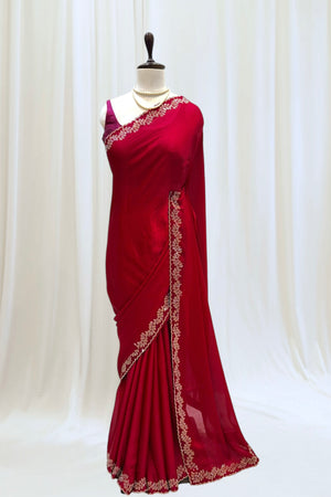 Minimalist swarovski chiffon saree - Ruby red