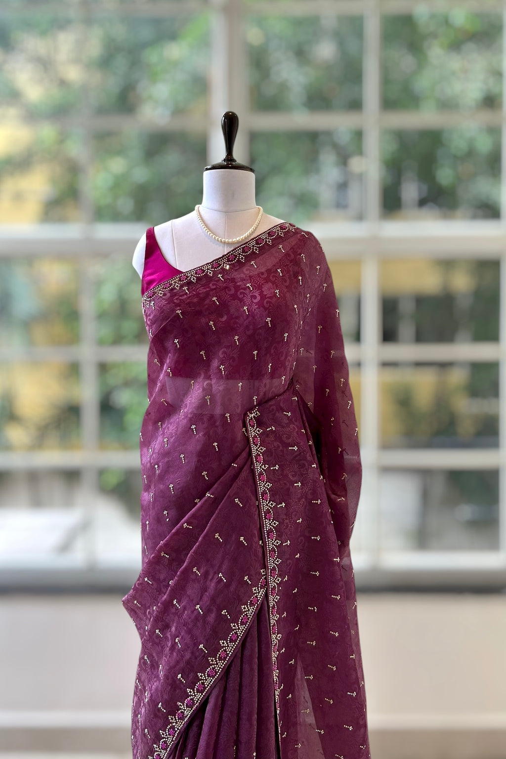 Self design organza silk saree - Violet