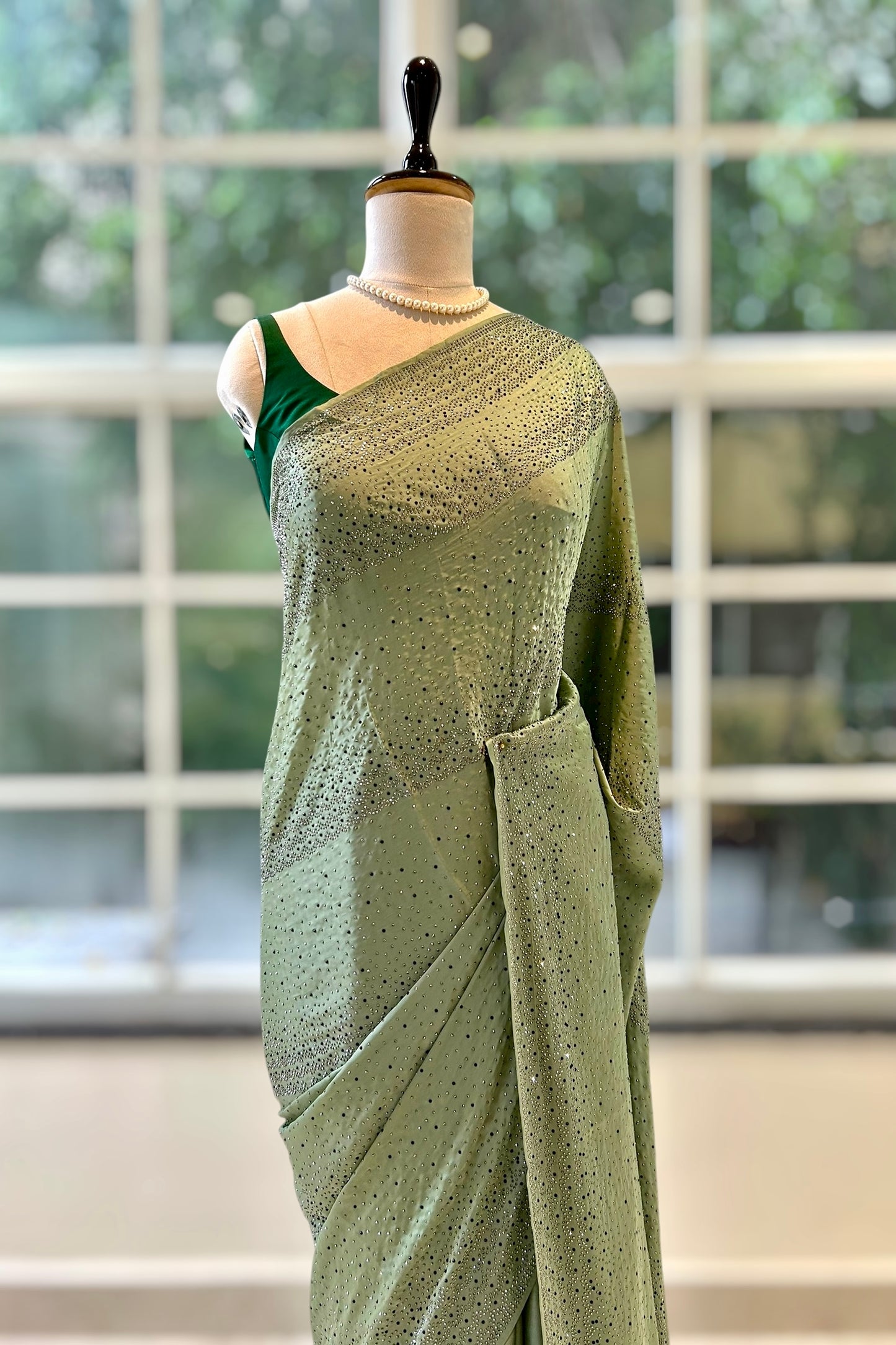 Soft satin sequins saree - Green