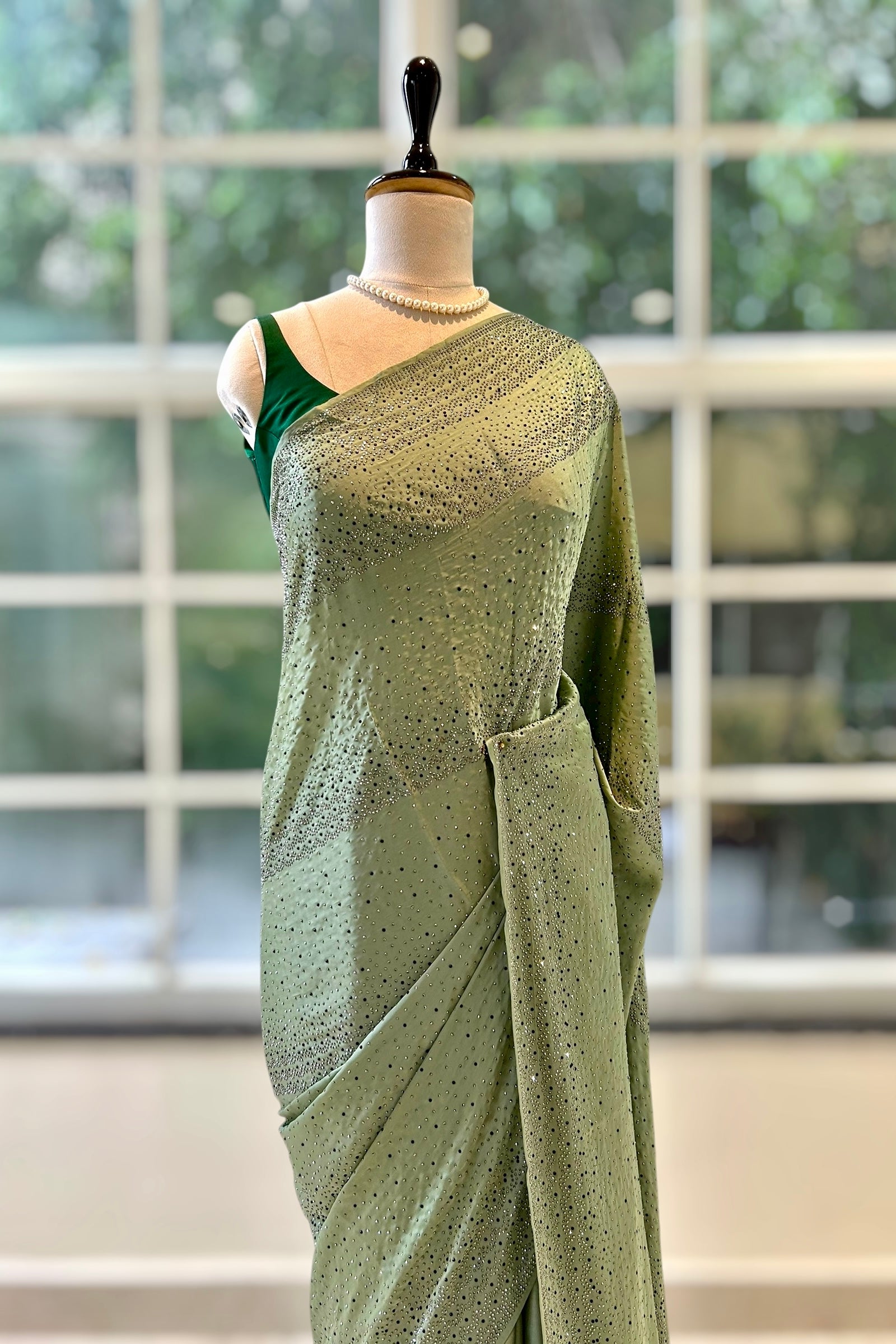 Soft satin sequins saree - Green