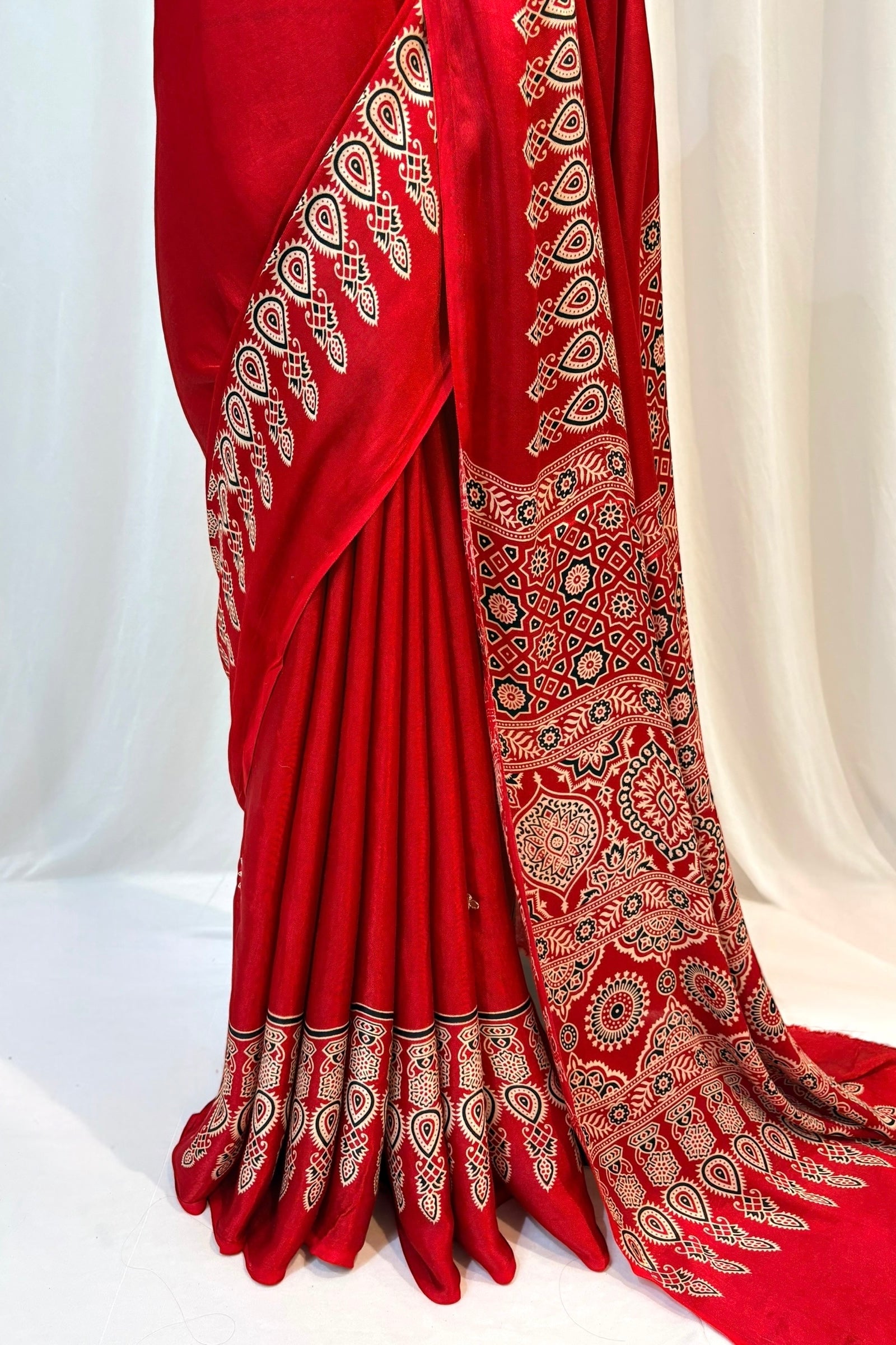 Modal silk embellished ajrakh saree - Red