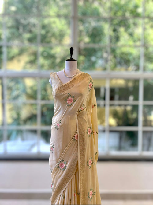 Beige pure marble chiffon saree