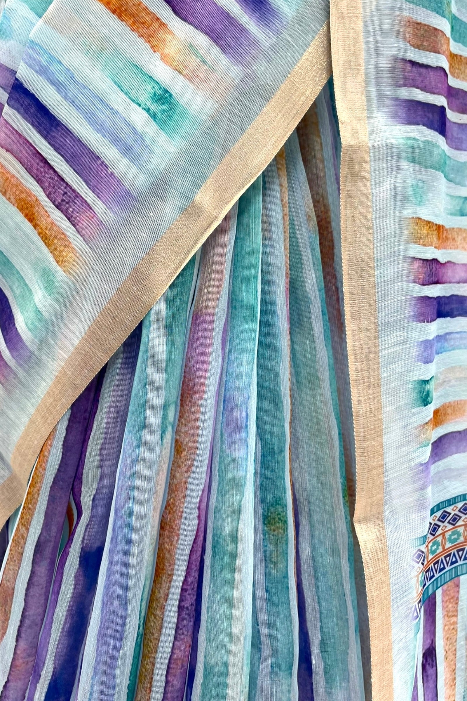 Stripes cotton linen saree - Blue