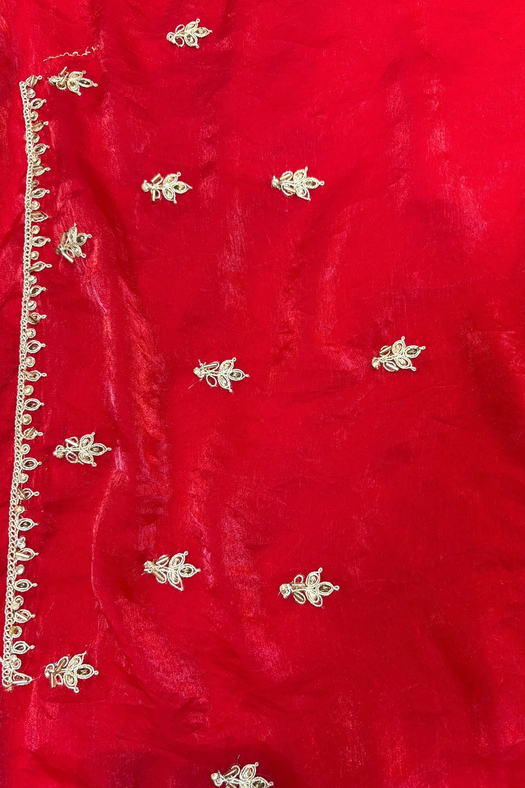 Red fendy satin embellished saree