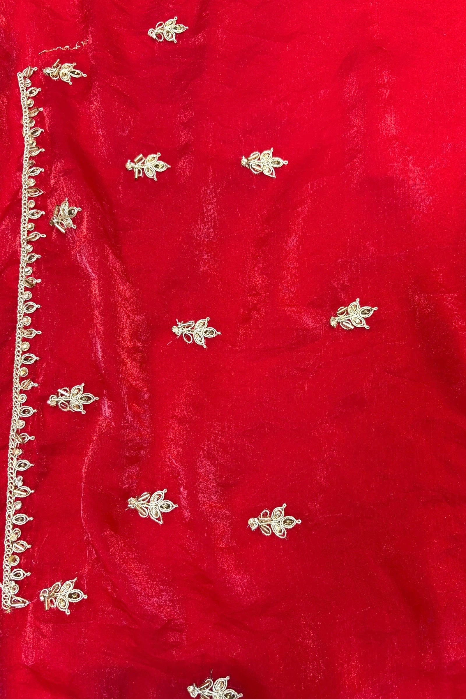 Red fendy satin embellished saree