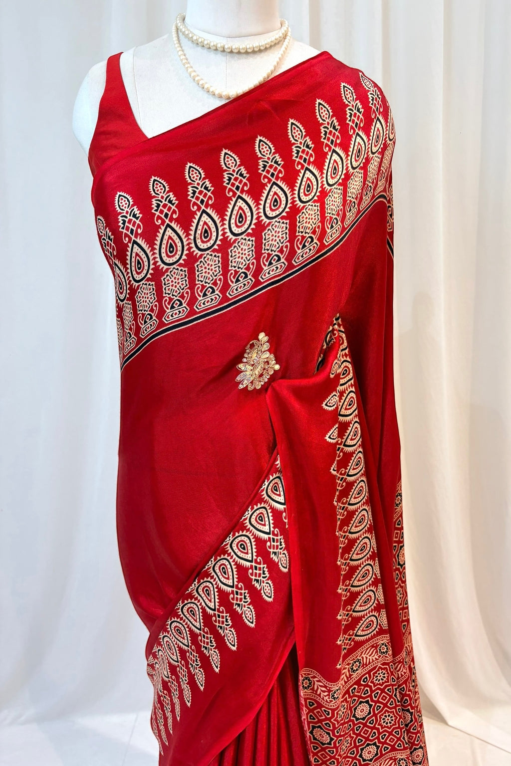 Modal silk embellished ajrakh saree - Red