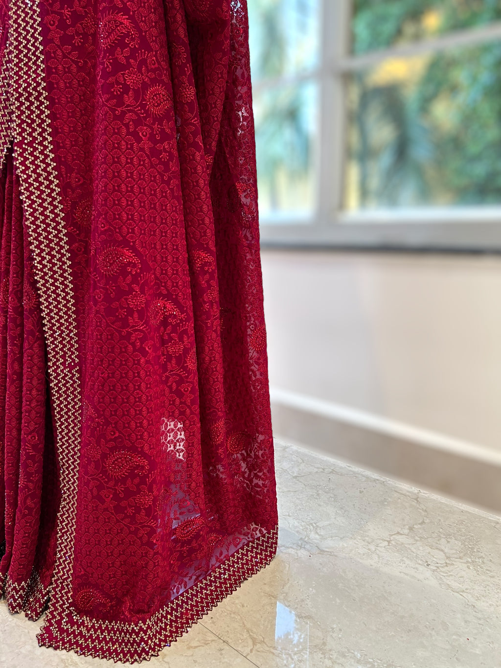 Embellished threadwork saree - Crimson