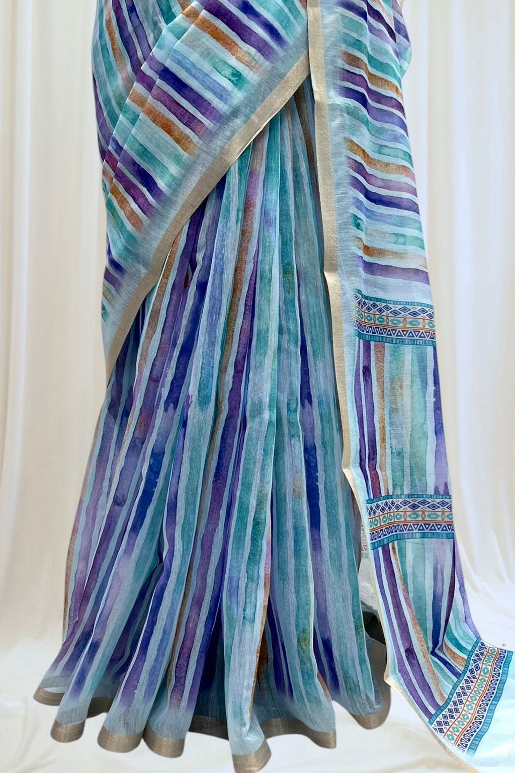 Stripes cotton linen saree - Blue