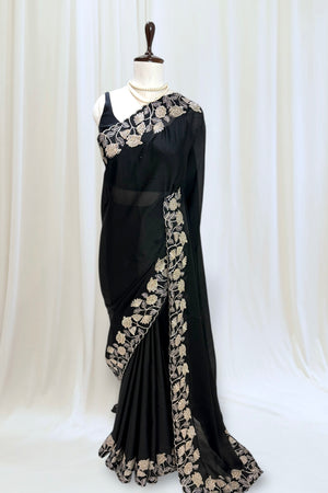 Floral embellished chiffon saree - Black