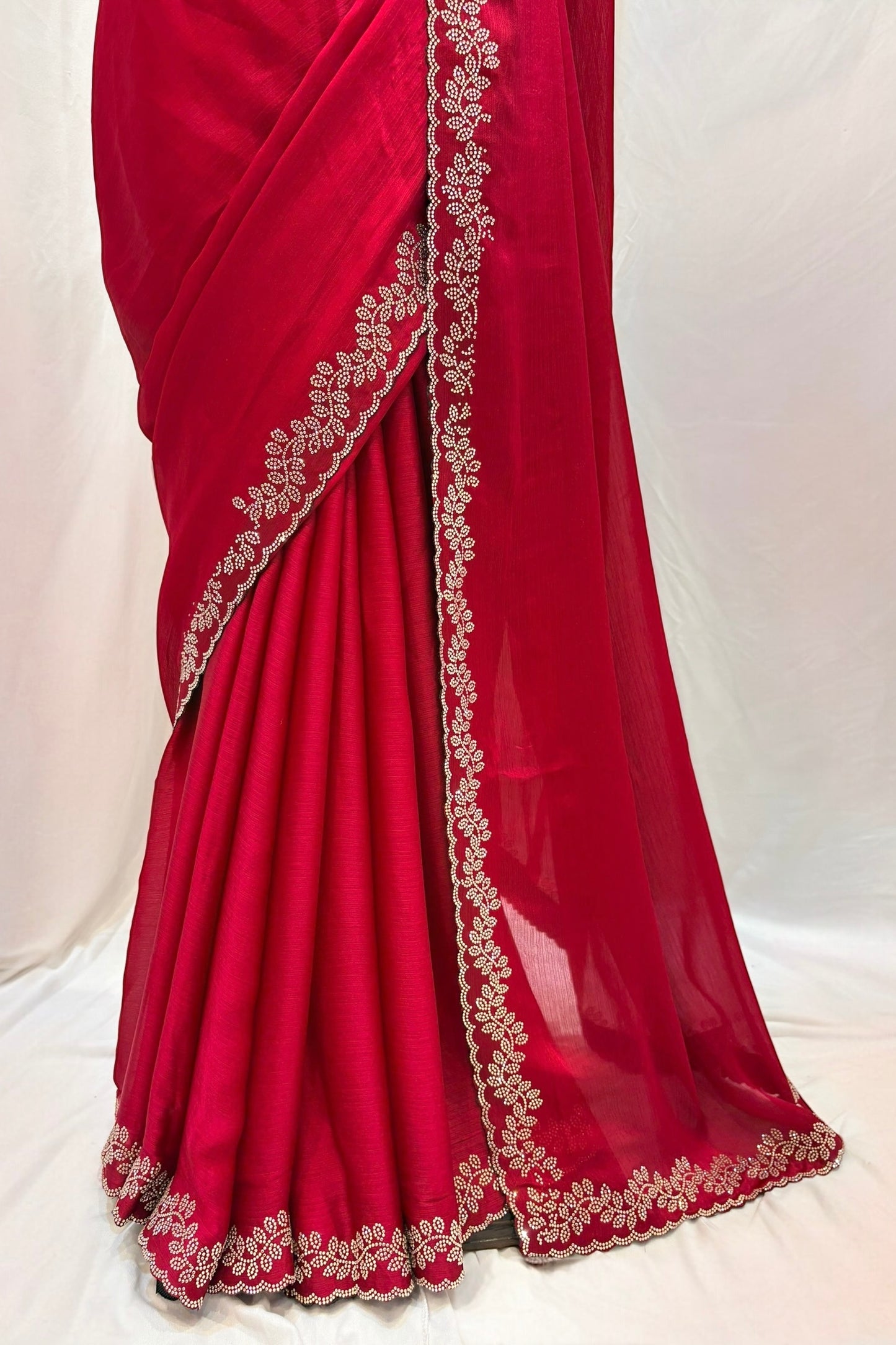 Minimalist swarovski chiffon saree - Ruby red