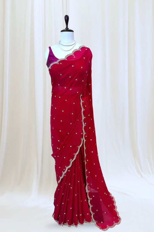Crimson fendy cutwork saree