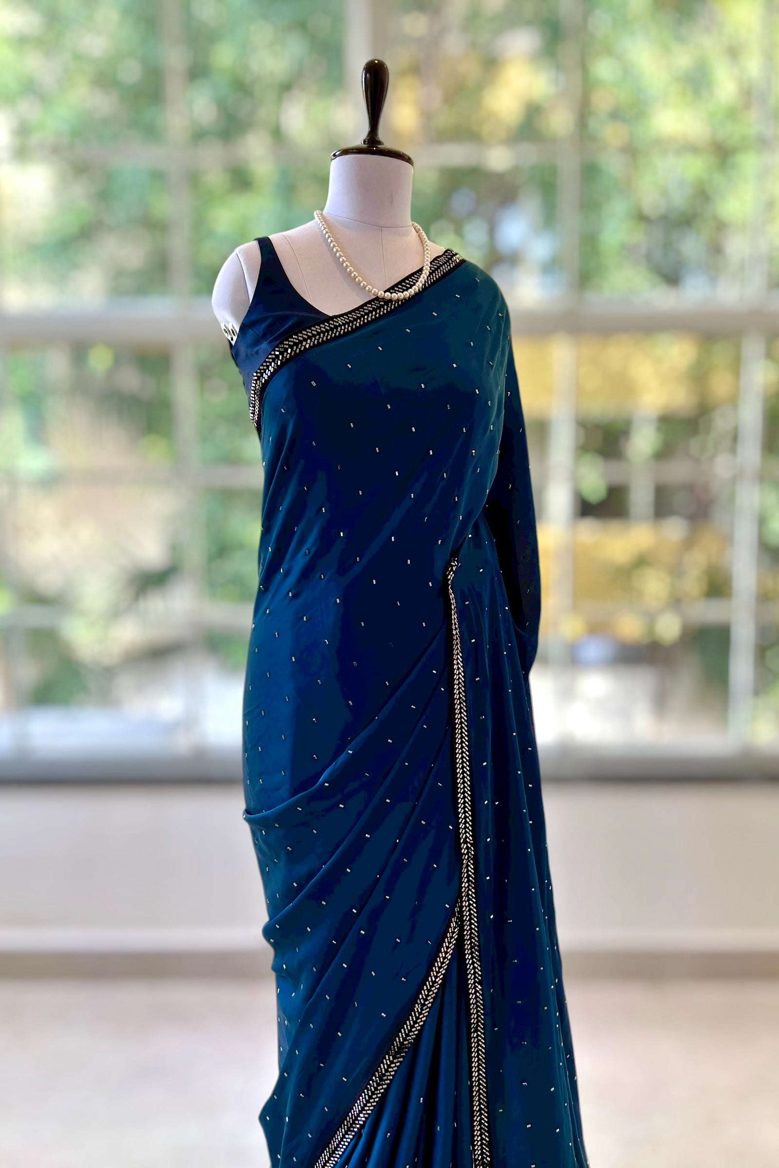 Satin sequins saree - Teal blue