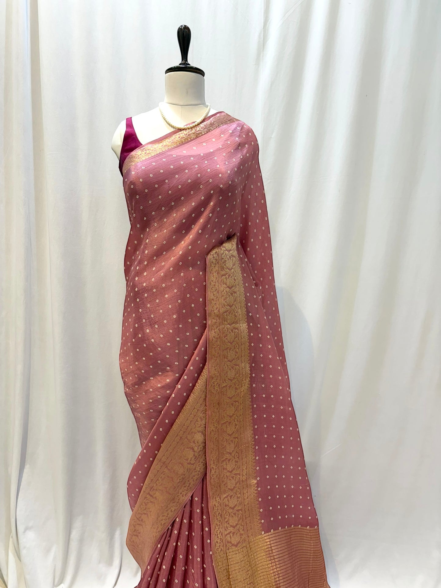 Bandhani print soft organza saree - Onion pink