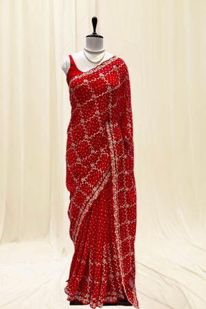 Georgette bandhani saree - Red checks