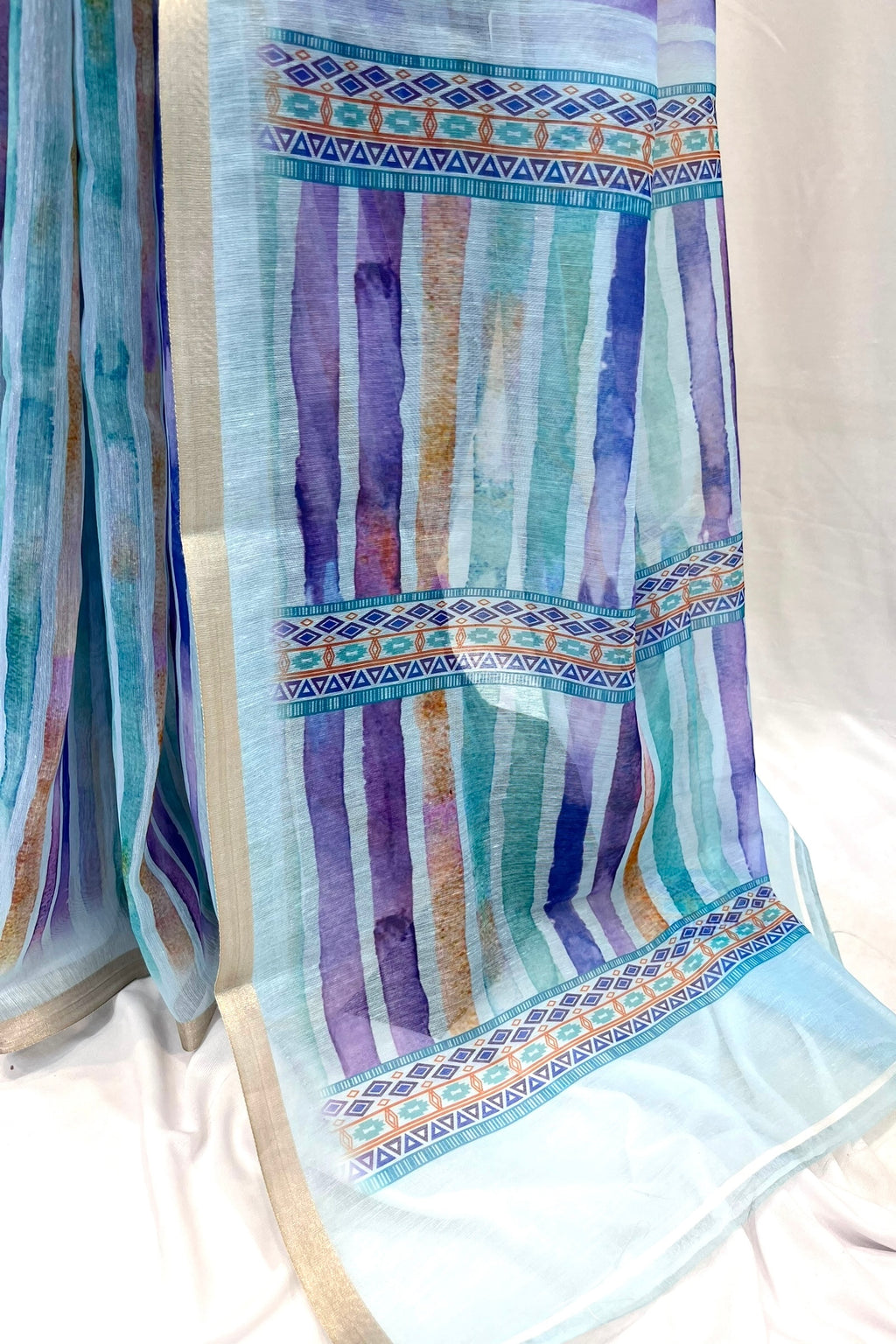 Stripes cotton linen saree - Blue