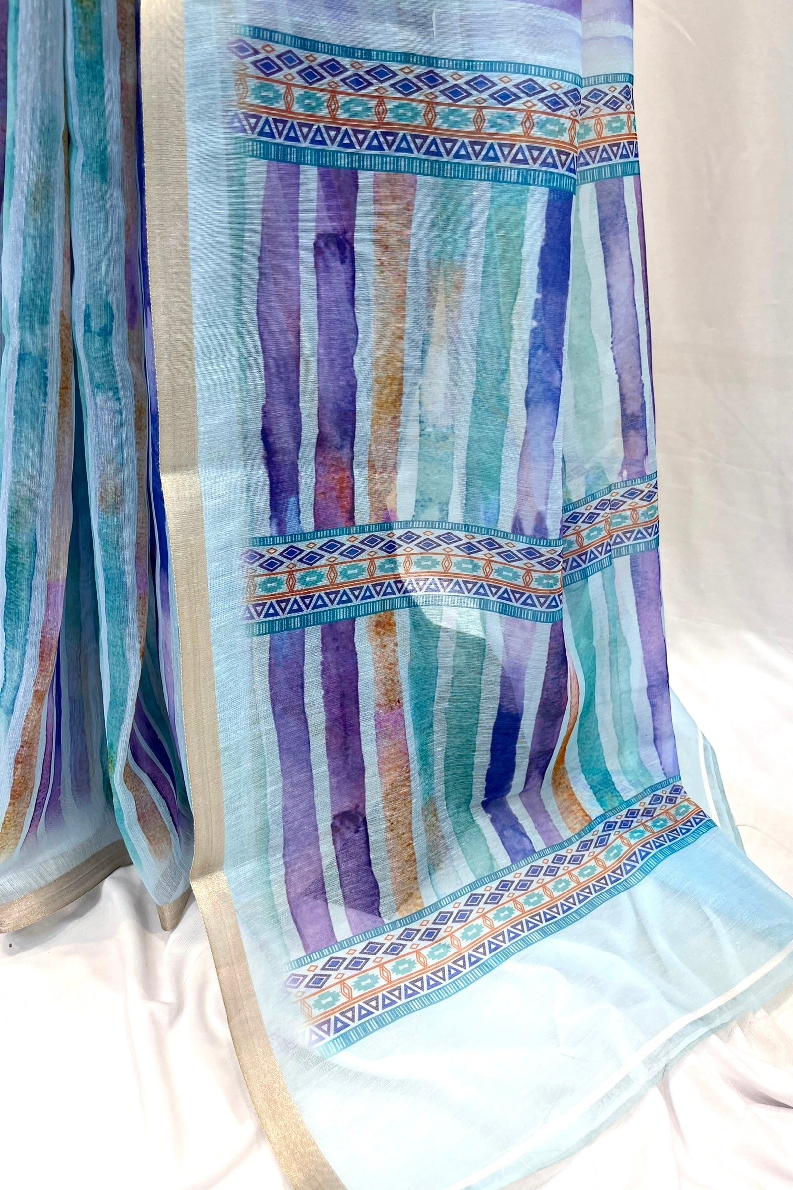 Stripes cotton linen saree - Blue