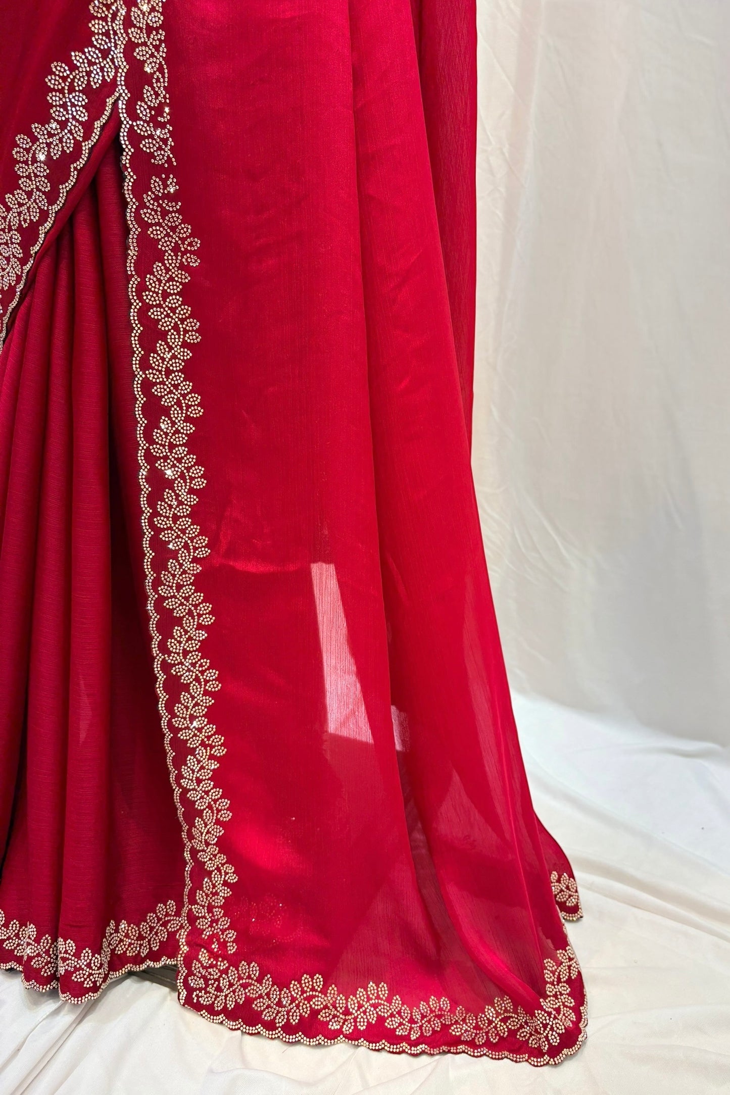 Minimalist swarovski chiffon saree - Ruby red
