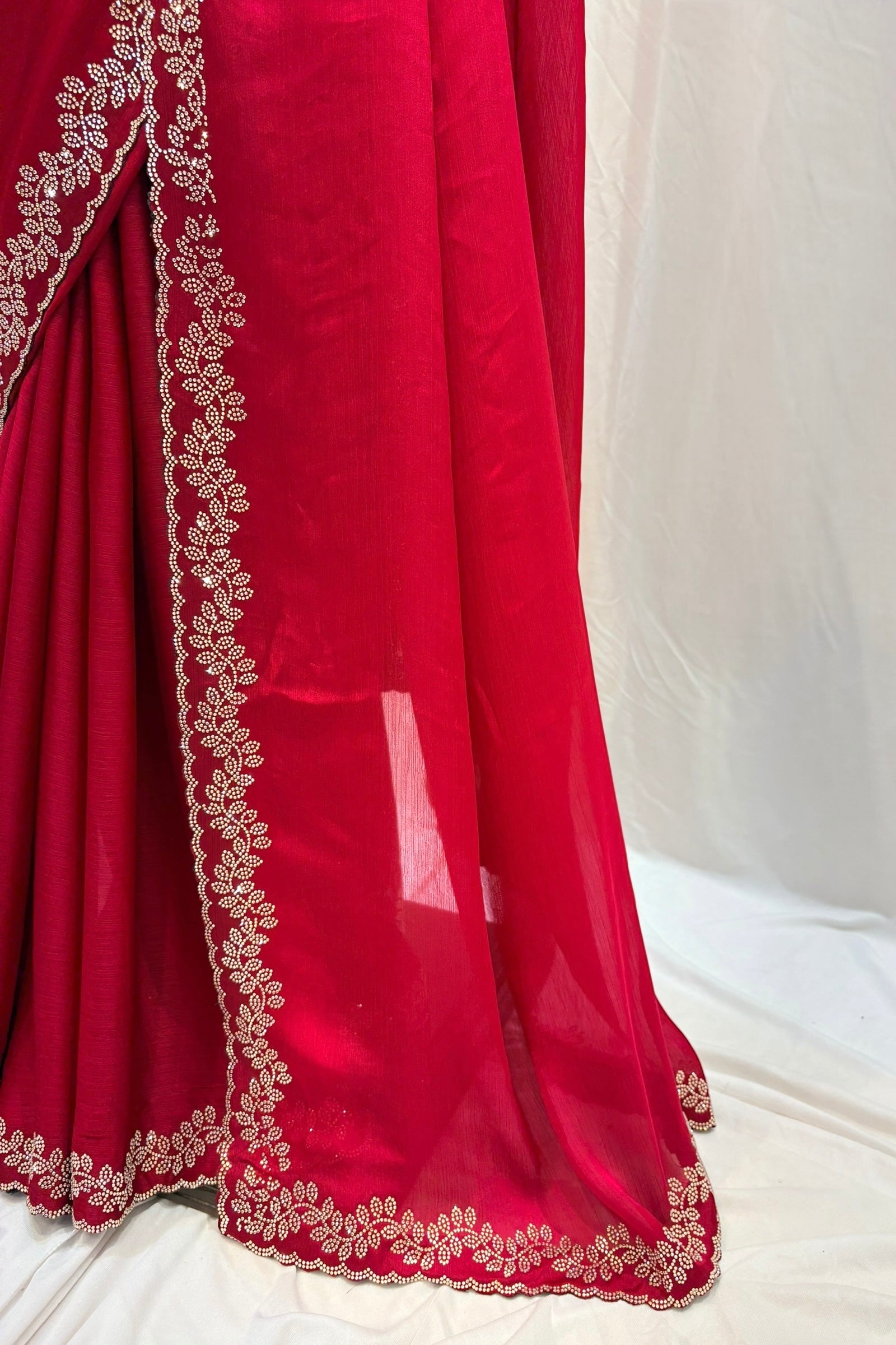 Minimalist swarovski chiffon saree - Ruby red