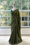 Self design organza silk saree - Olive green