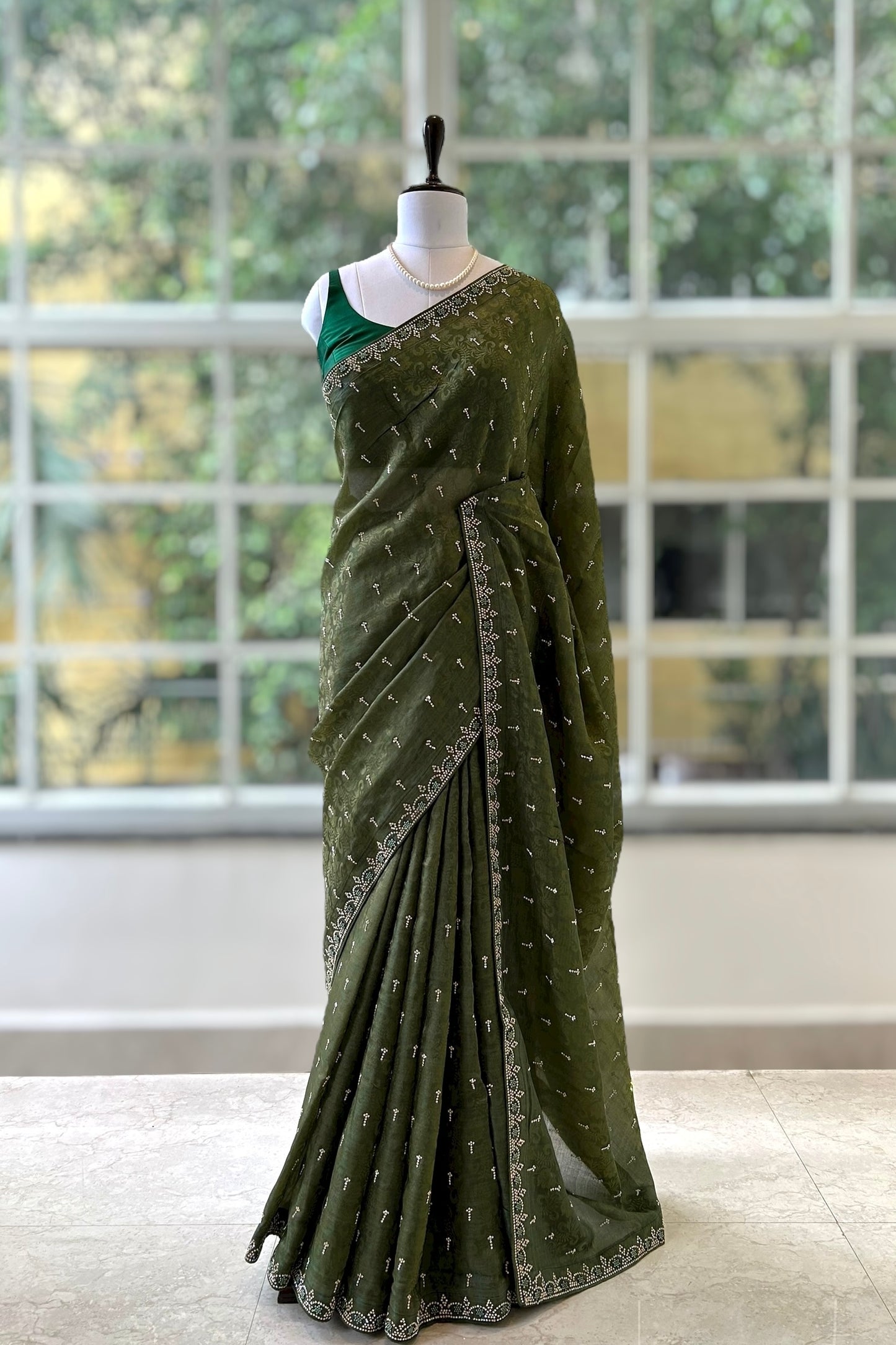 Self design organza silk saree - Olive green