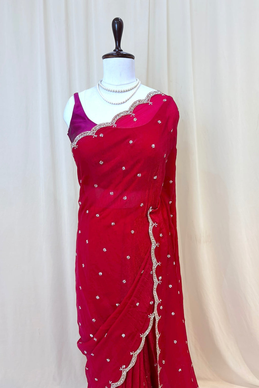 Crimson fendy cutwork saree