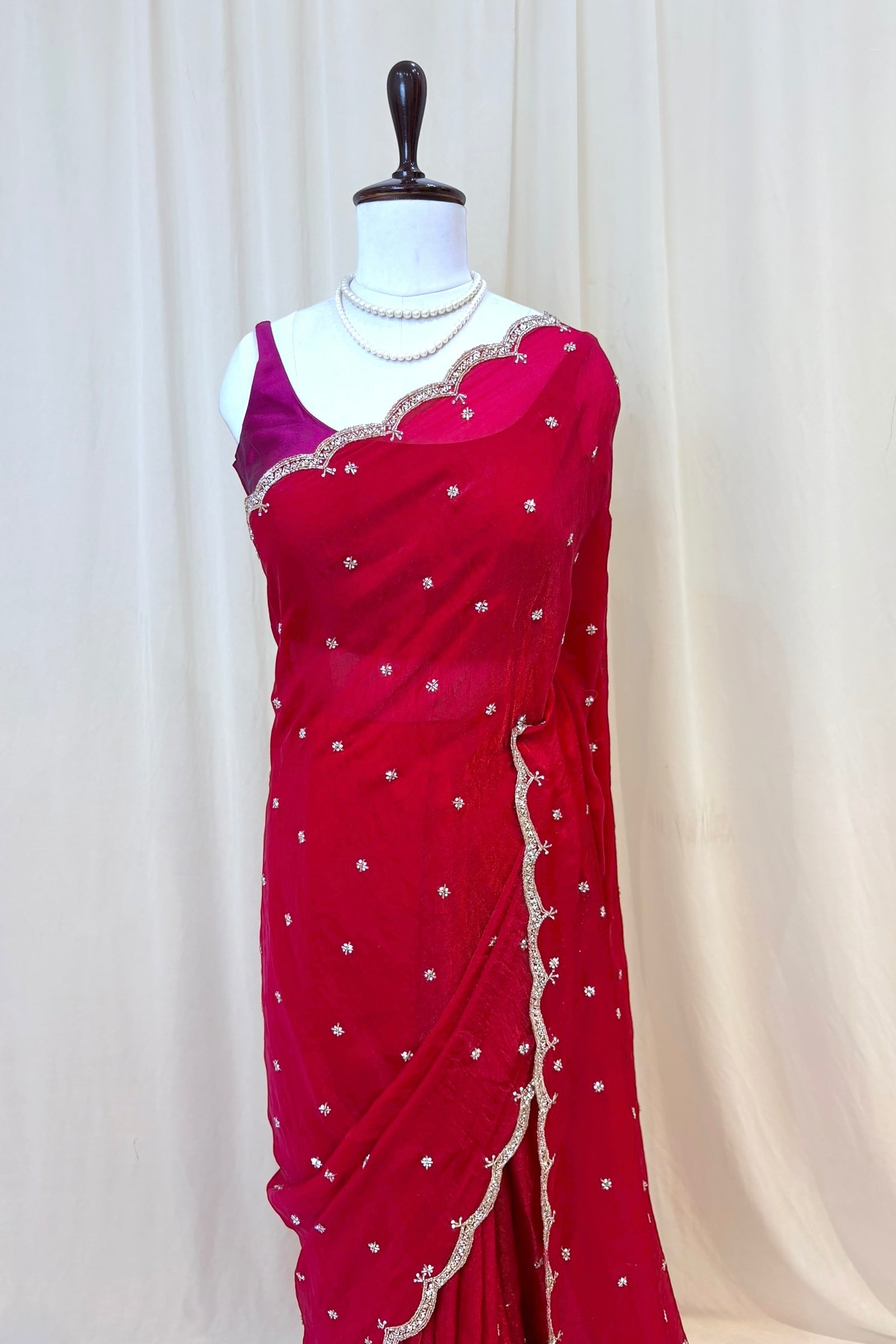 Crimson fendy cutwork saree