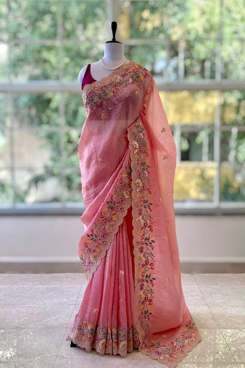 Pearl embroidered organza saree - Pink