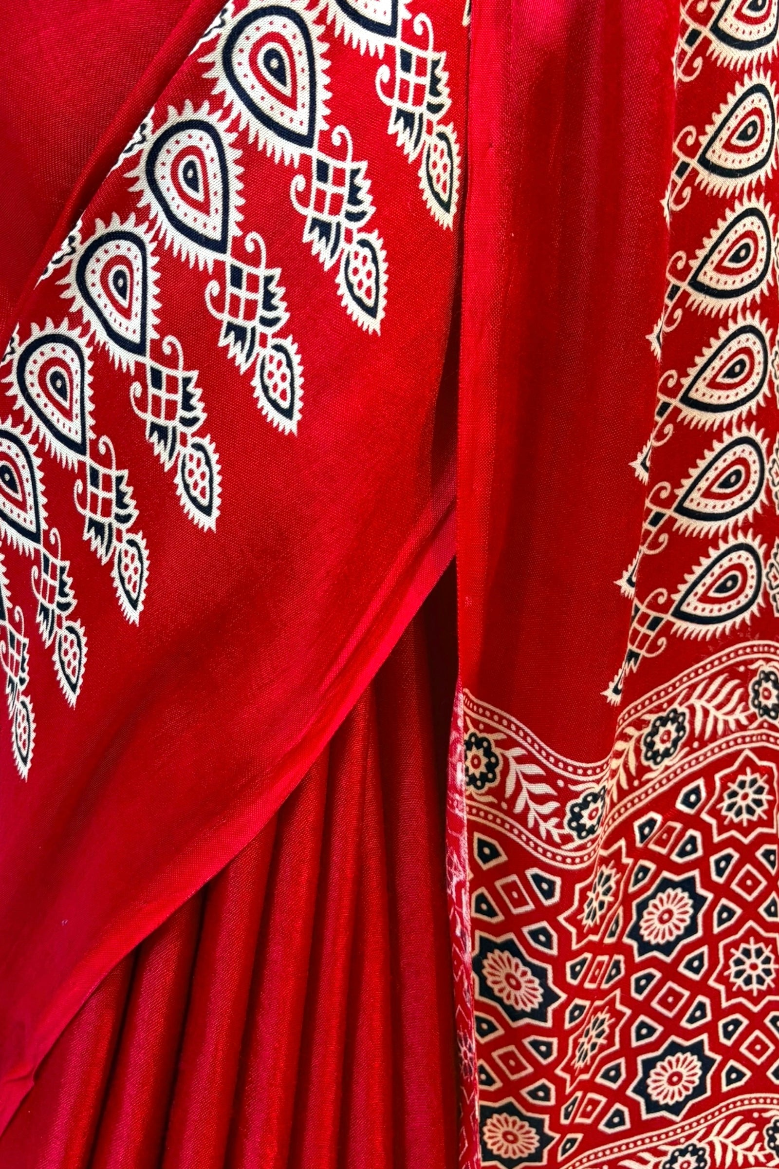 Modal silk embellished ajrakh saree - Red