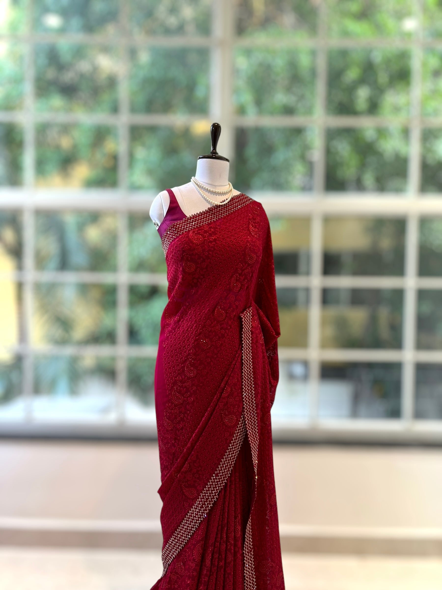 Embellished threadwork saree - Crimson