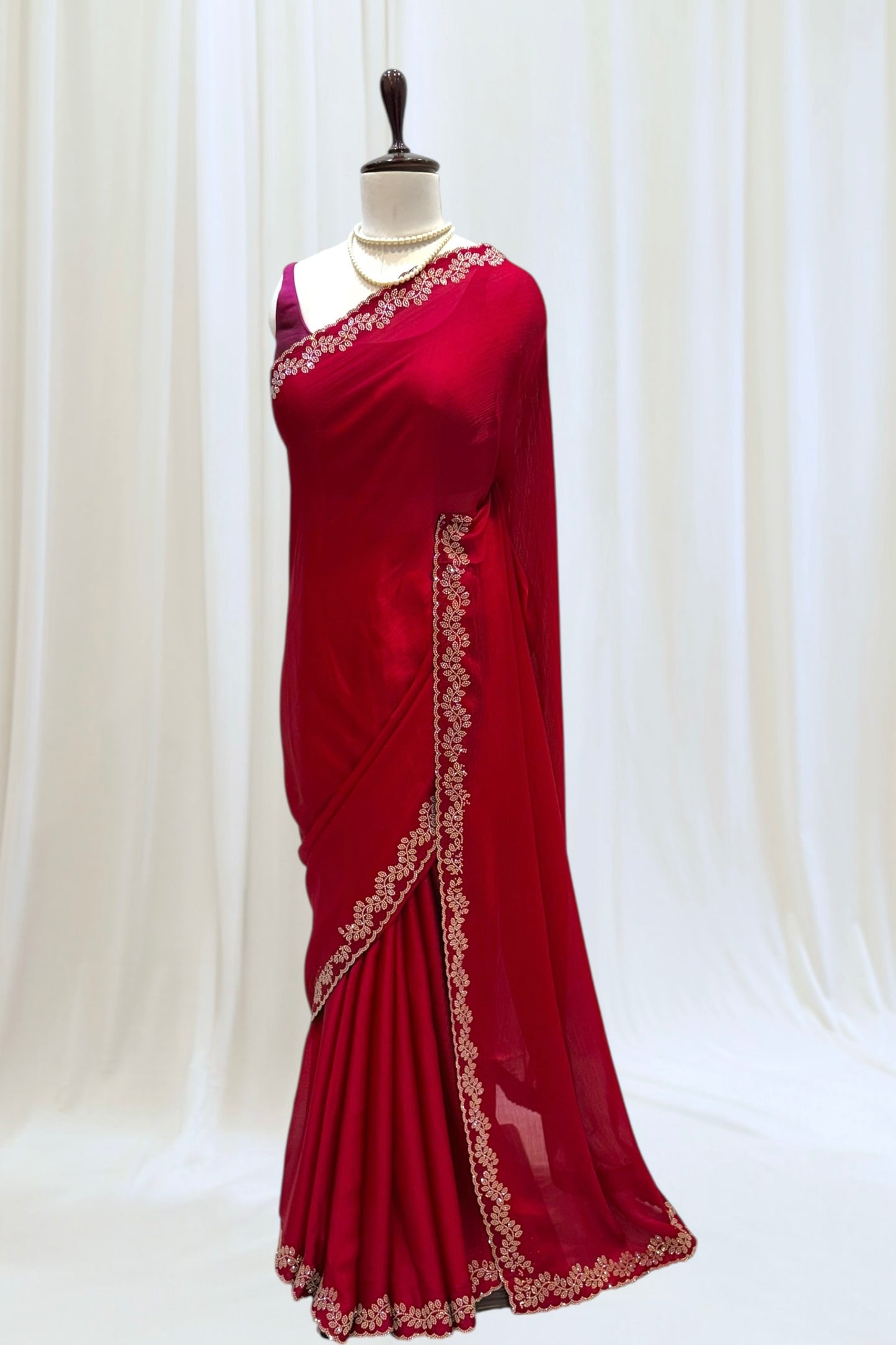 Minimalist swarovski chiffon saree - Ruby red